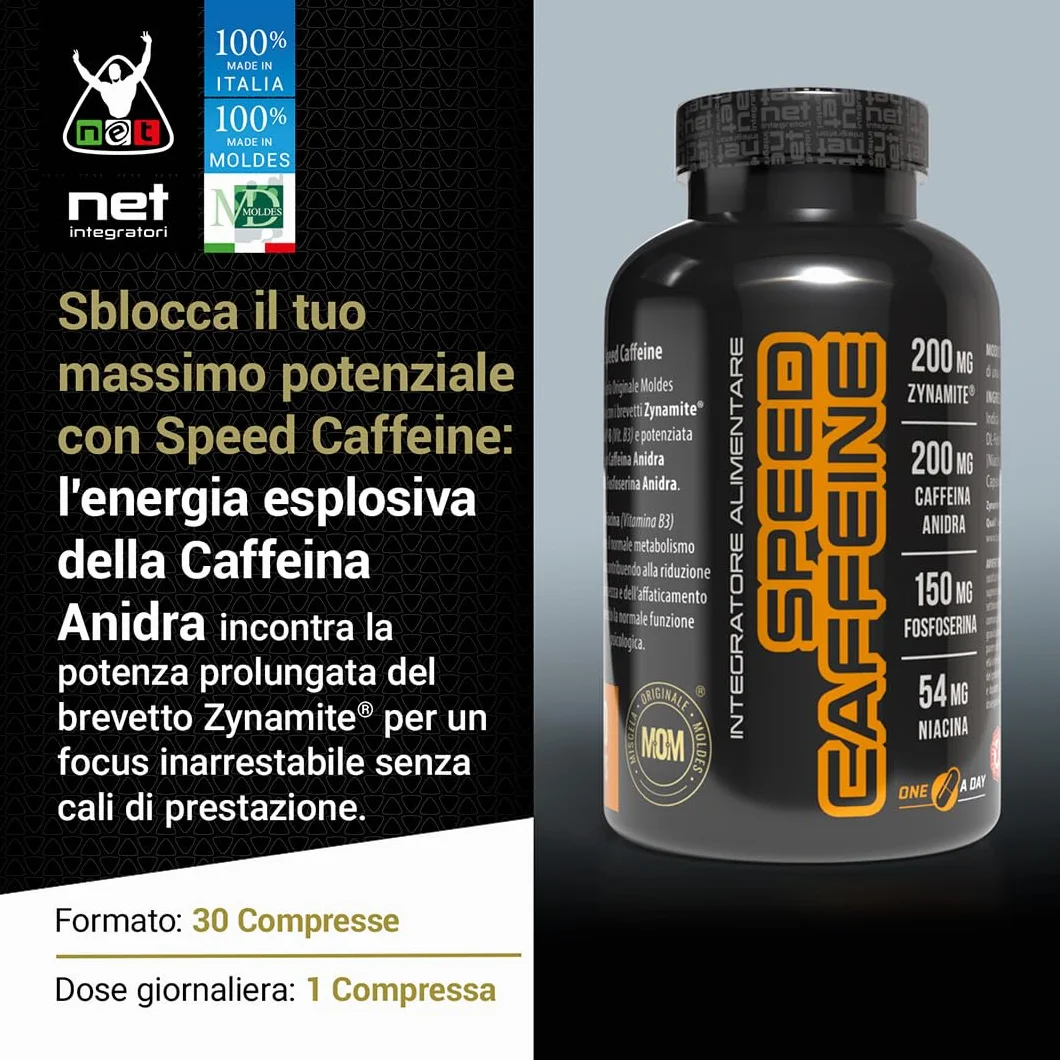 Net Integratori SPEED CAFFEINE 30 capsule Integratore Pre-Workout con Caffeina Anidra e Zynamite® per Energia e Focus Mentale
