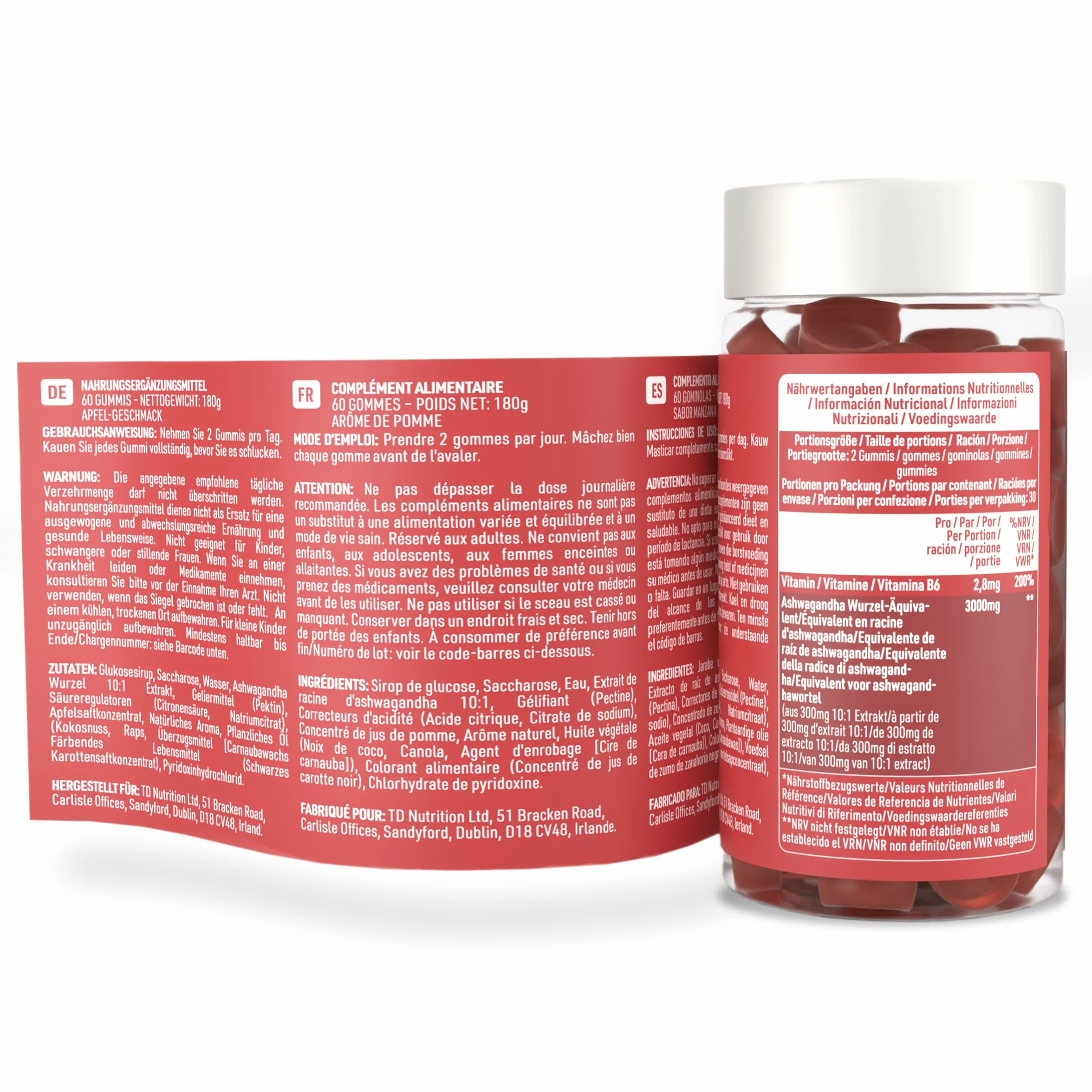 Ashwagandha Gommose 1500mg Integratore Radice di Ashwagandha Alta Potenza Vitamina B6 Gusto Naturale Mela 60 Gommose