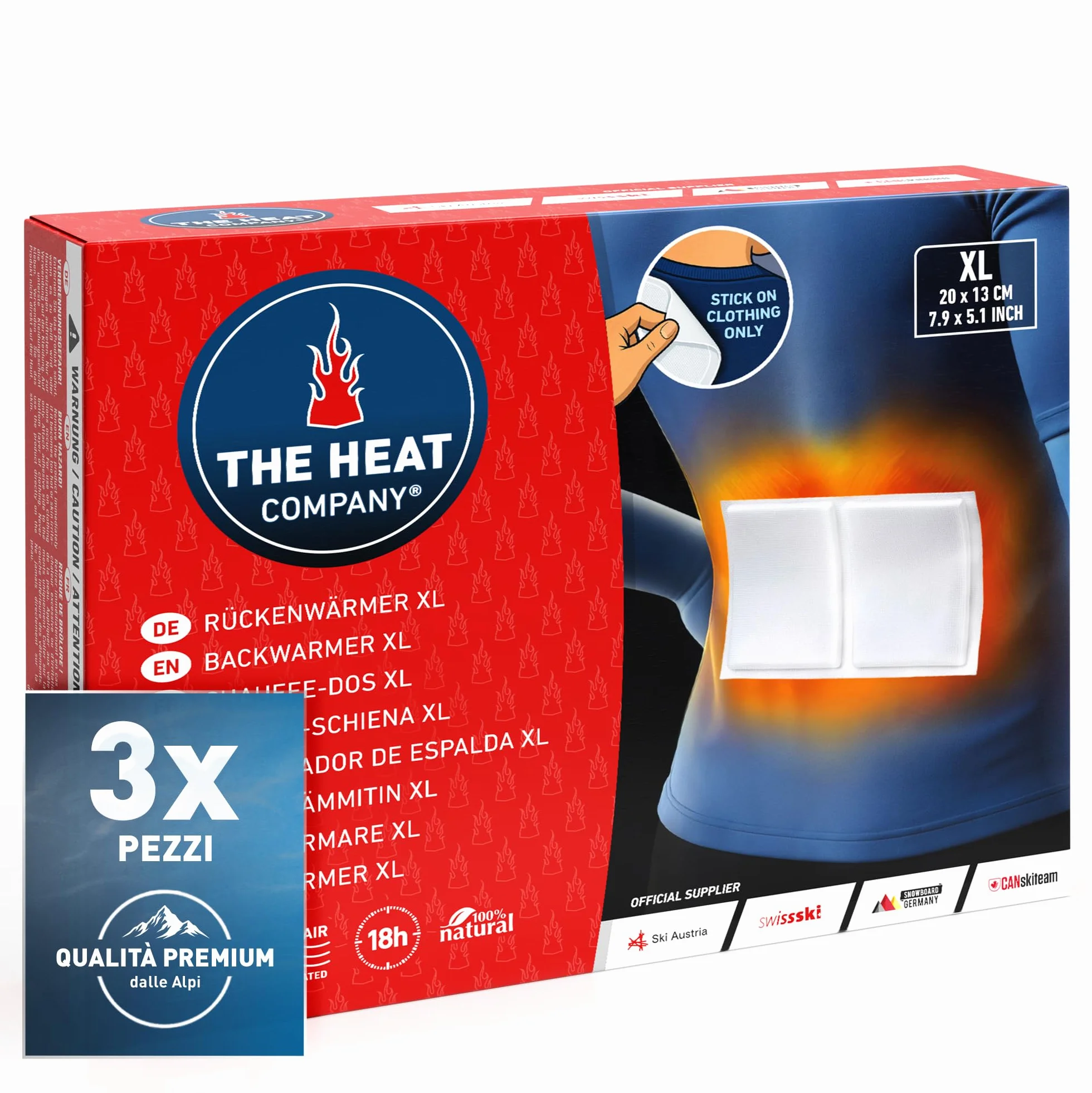 THE HEAT COMPANY Scalda-Schiena XL - EXTRA CALDO - adesivo - Scaldacorpo XL - 18 ore di piacevole calore - pronti all'uso - autoriscaldante - puro naturale - 3 pezzi