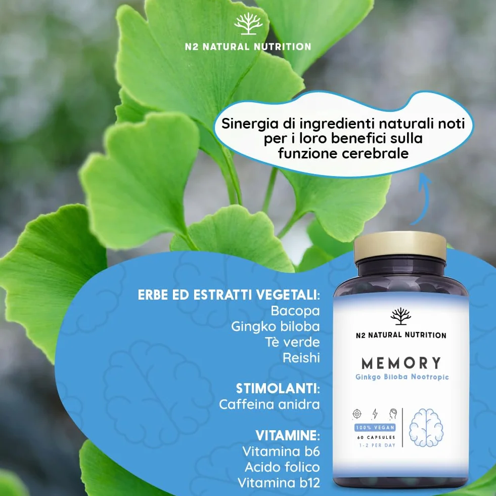 N2 Natural Nutrition Nootropico Naturale Ginkgo Biloba 1140mg Caffeina Bacopa Monnieri Integratore Concentrazione Memoria Vitamine Vegan 60 capsule
