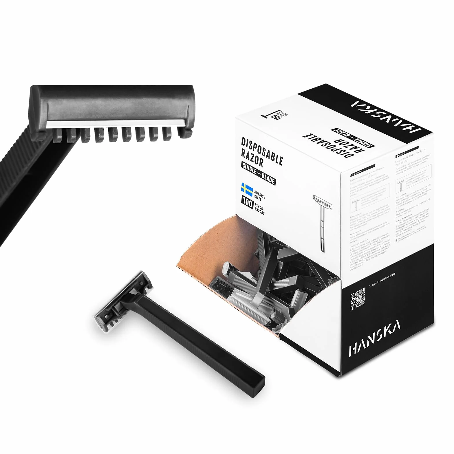 HANSKA Tattoo Supply - Rasoio usa e getta per tatuatori - Nero - Lama in acciaio di alta qualità - Confezione da 100 pezzi - Rasatura comoda (MONOLAMA)