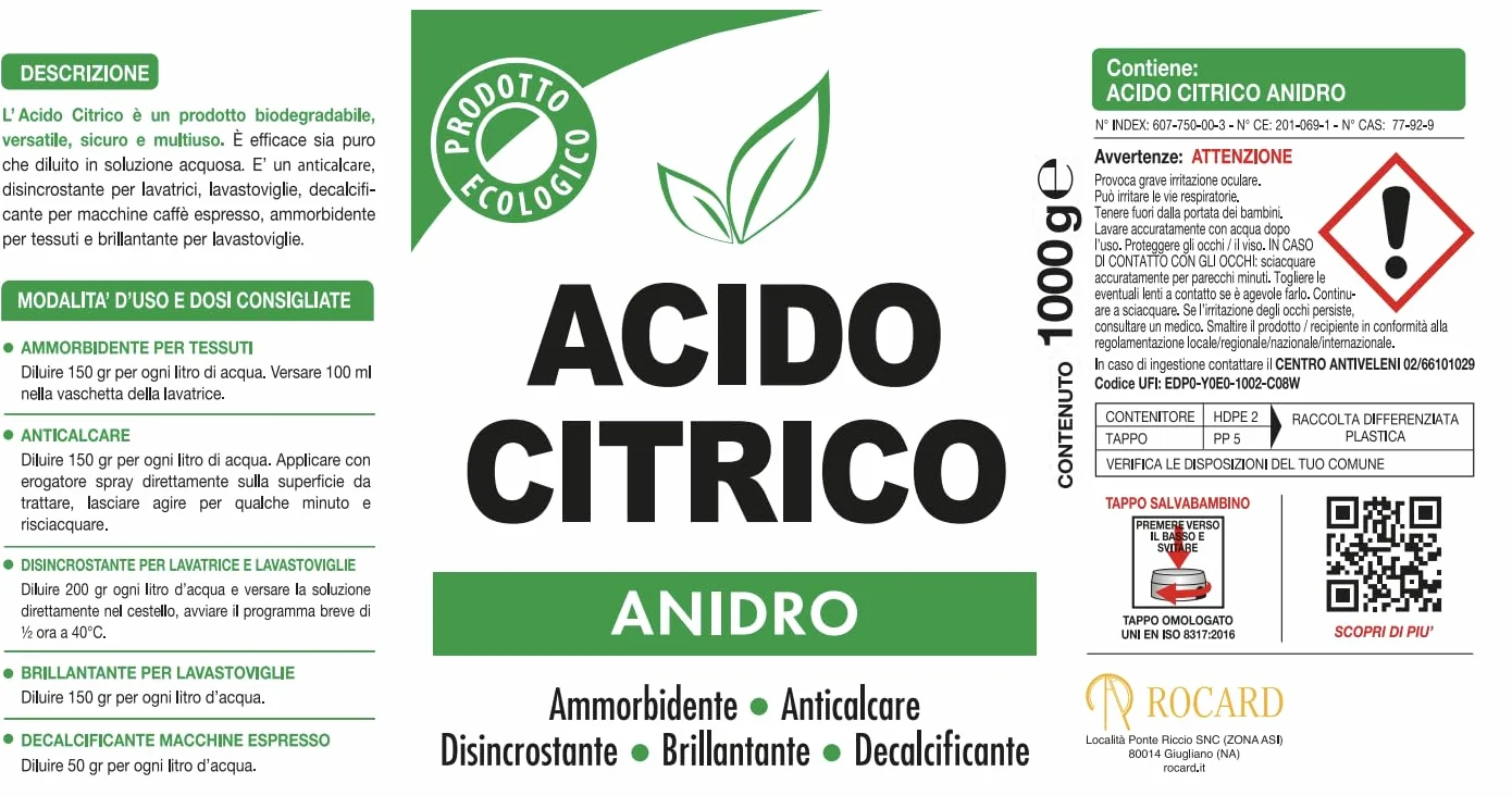 Rocard Acido Citrico Anidro 1 Kg 100% Puro Anticalcare Disincrostante Decalcificante