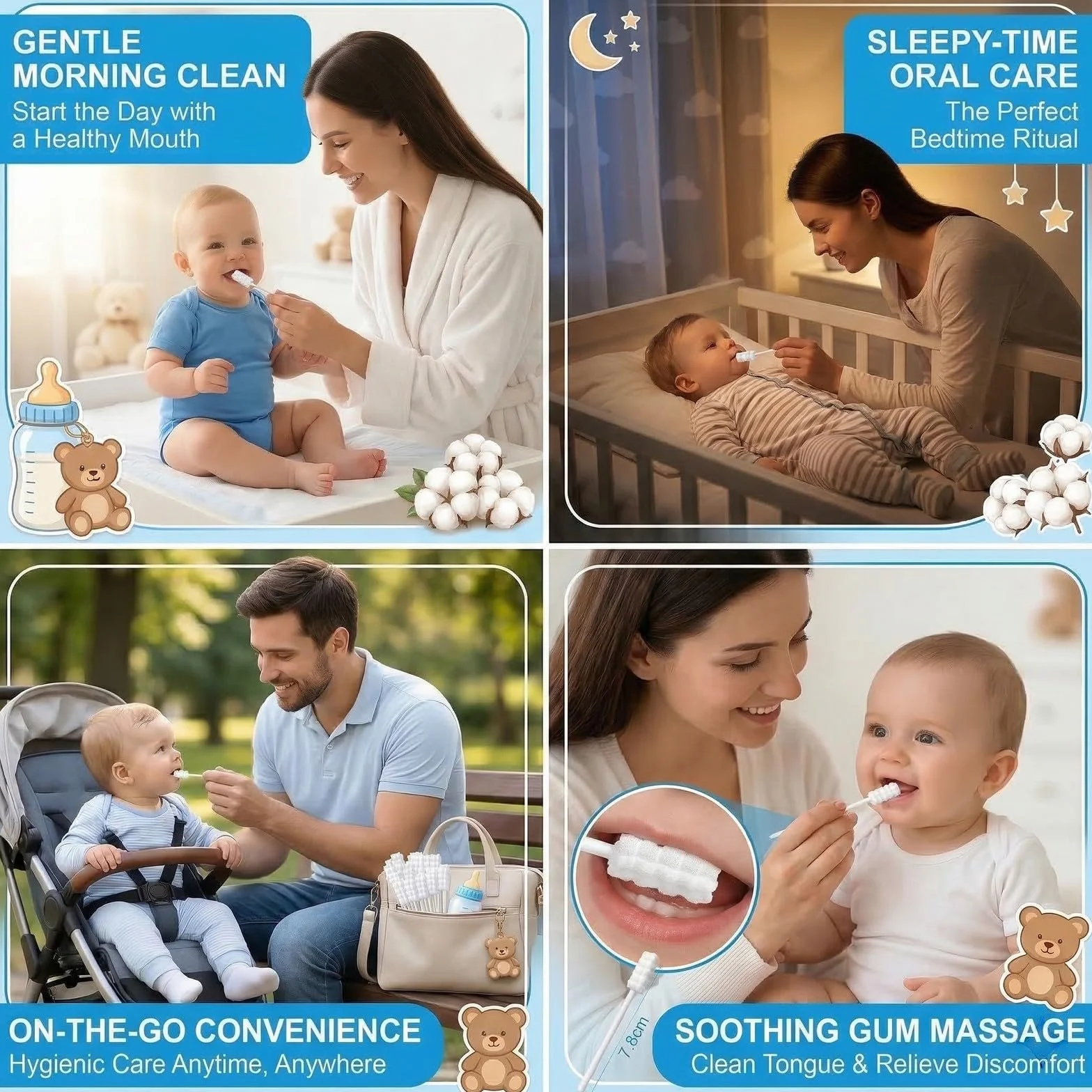 35 Pezzi Kit Puliscibocca Neonato, Cotton Fioc Neonato, Cotton Fioc Bambini, Spazzolino Neonato Monouso Sterilizzato, Spazzolino Dentini Setole Morbide, Portatile per Bambini