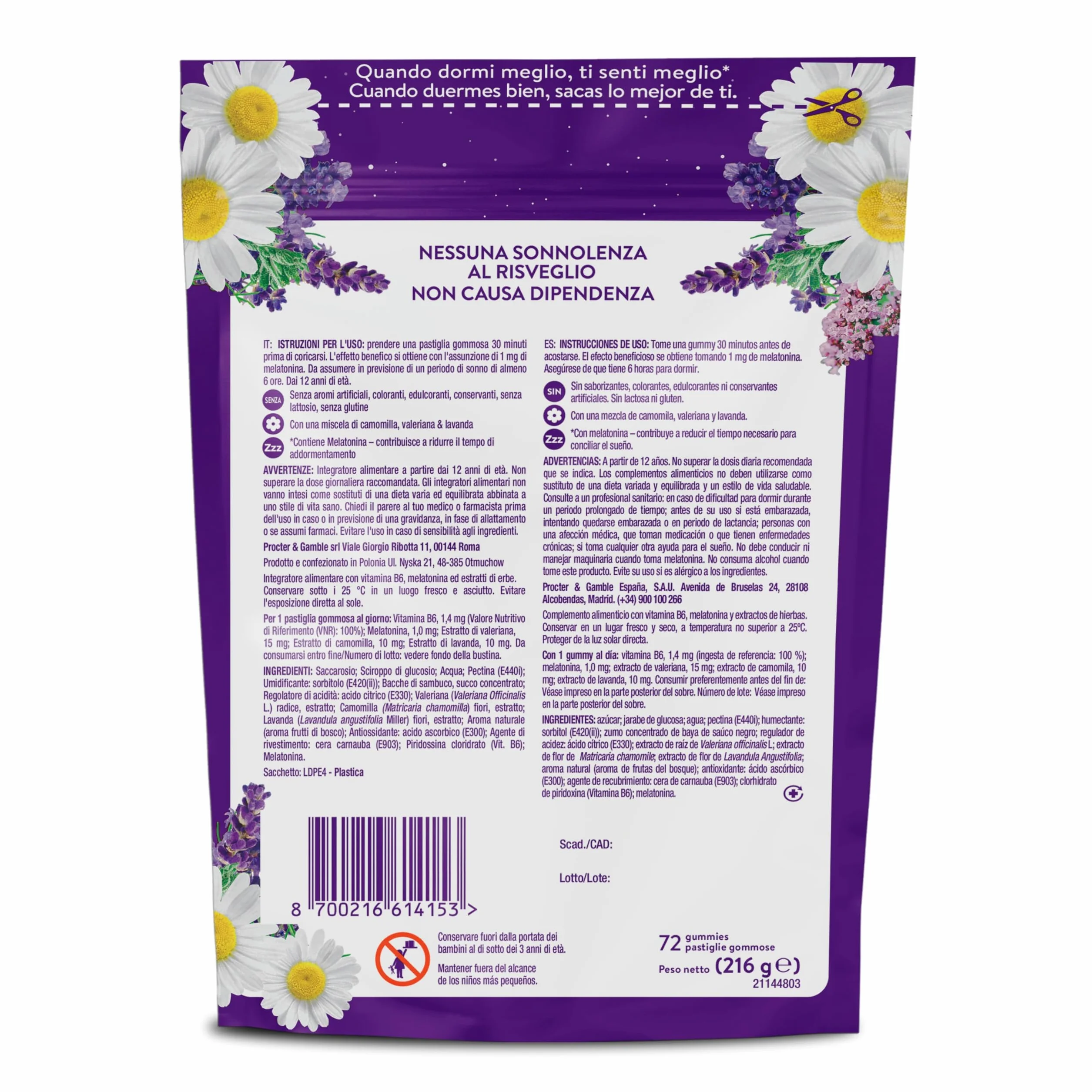ZzzQuil Sonno Melatonina pura Integratore con Valeriana Camomilla e Vitamina B6 Formula Vegana 2 x 72 Pastiglie Gommose