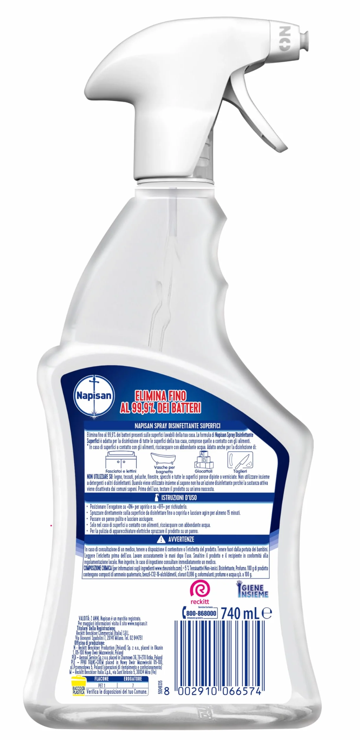 Napisan Spray Disinfettante Superfici 740 ml, Confezione da 12 pezzi