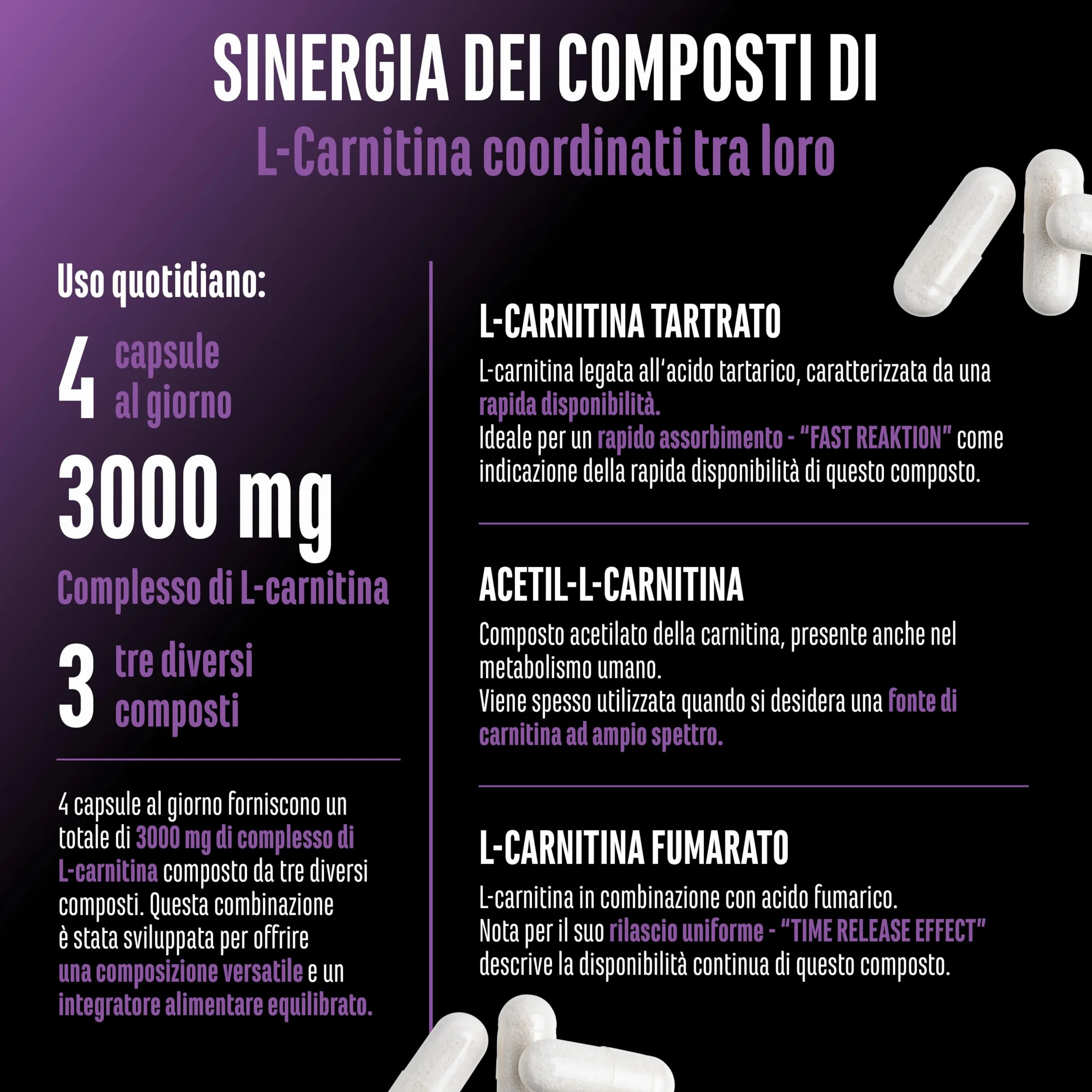 L-Carnitina Triplo Complesso 3000 mg per porzione giornaliera 120 capsule ad alto dosaggio vegano formula premium