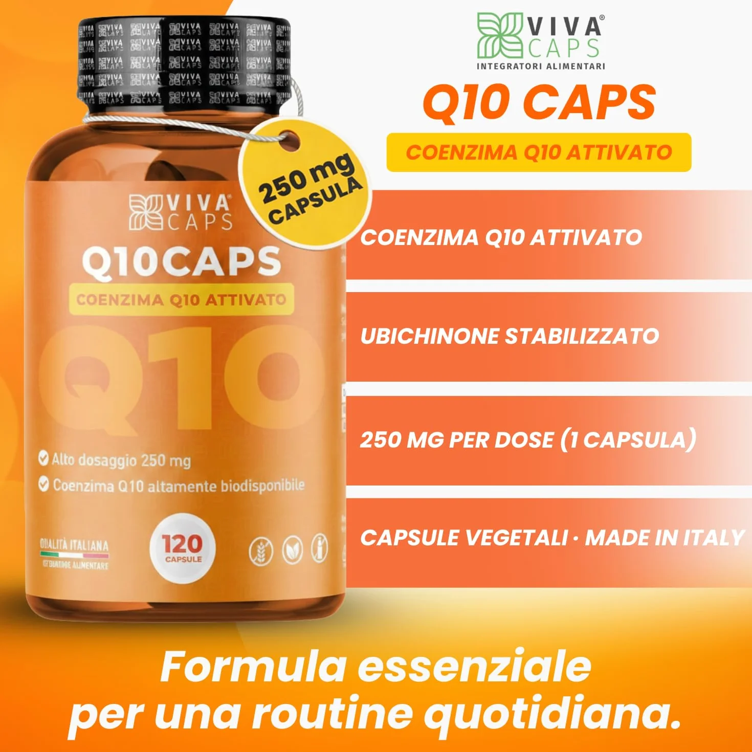 Coenzima Q10 250 mg per dose giornaliera 120cps 1 al giorno per 4 mesi, ubiquinone puro alta biodisponibilità - Made in Italy