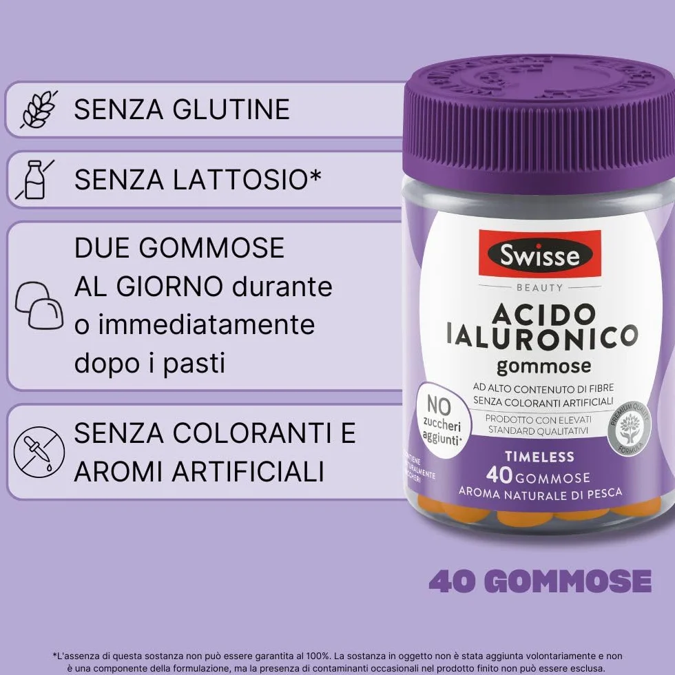 SWISSE Beauty Acido Ialuronico Gummies Integratore Donna e Uomo 40 Pastiglie Gusto Pesca Vegano