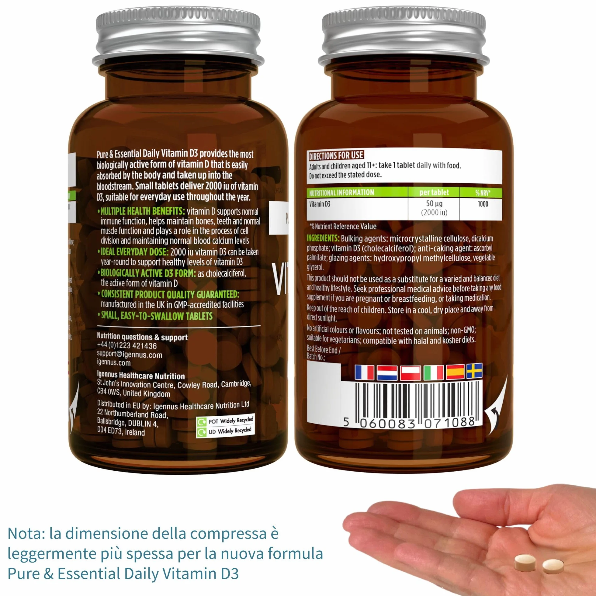 Igennus Vitamina D3 2000 UI (50 μg), 365 Compresse Scorta per 1 Anno, Vitamina D Pura, Integratore D3 Vegetariano, Colecalciferolo, Formula Pulita, Difese Immunitarie, Ossa, Denti e Muscoli