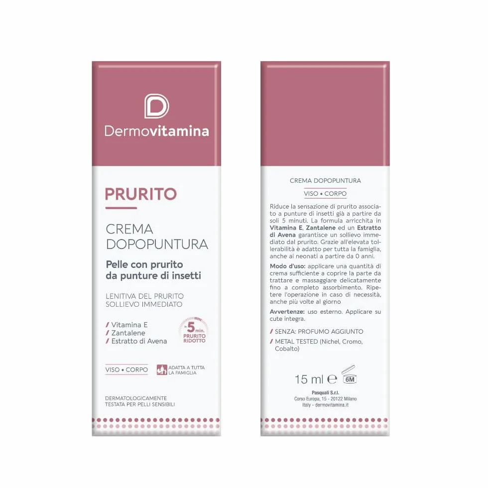 Dermovitamina Prurito Crema Dopopuntura – Lenitiva Immediata per Punture di Insetti –Antizanzara – Viso e Corpo – Per Tutta la Famiglia – Dopo puntura Zanzare Bambini – 15 ml