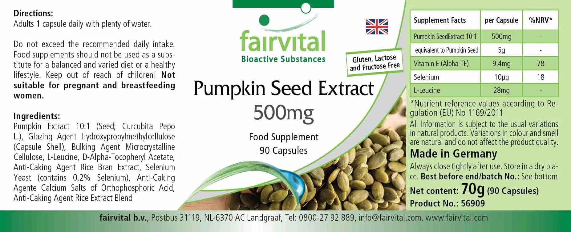 Fairvital | Estratto di semi di zucca 500 mg - 90 capsule - concentrato 10 volte con selenio e vitamina E - altamente dosato - vegano