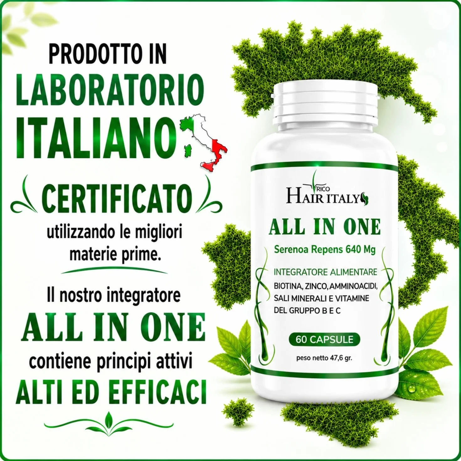 Integratore Capelli con Serenoa Repens, Biotina, Zinco, Selenio, Saw Palmetto e Caffeina - Multivitaminico per la Crescita e Contro la Caduta