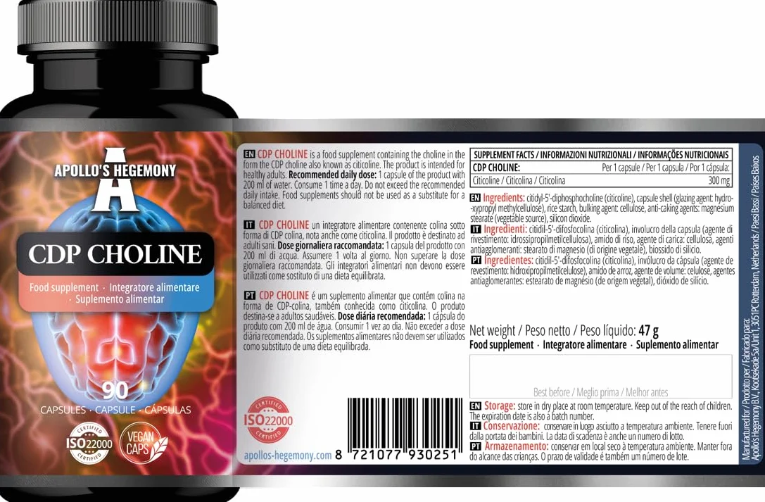 Colina CDP 300 mg Citicolina 90 capsule vegane integratore nootropico ad alta potenza memoria concentrazione Apollo's Hegemony
