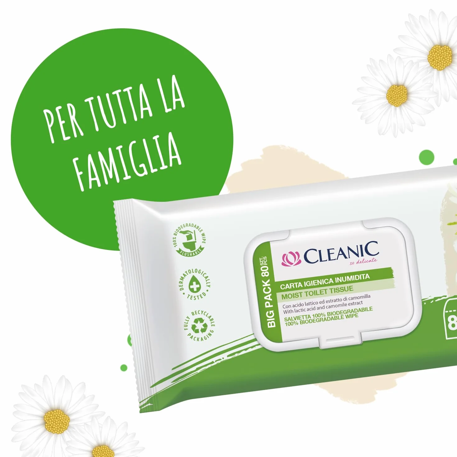 Cleanic Carta Igienica Umidificata 80 Pezzi con Estratto di Camomilla Lavabile Salviette Pulizia Intima Pelle Sensibile