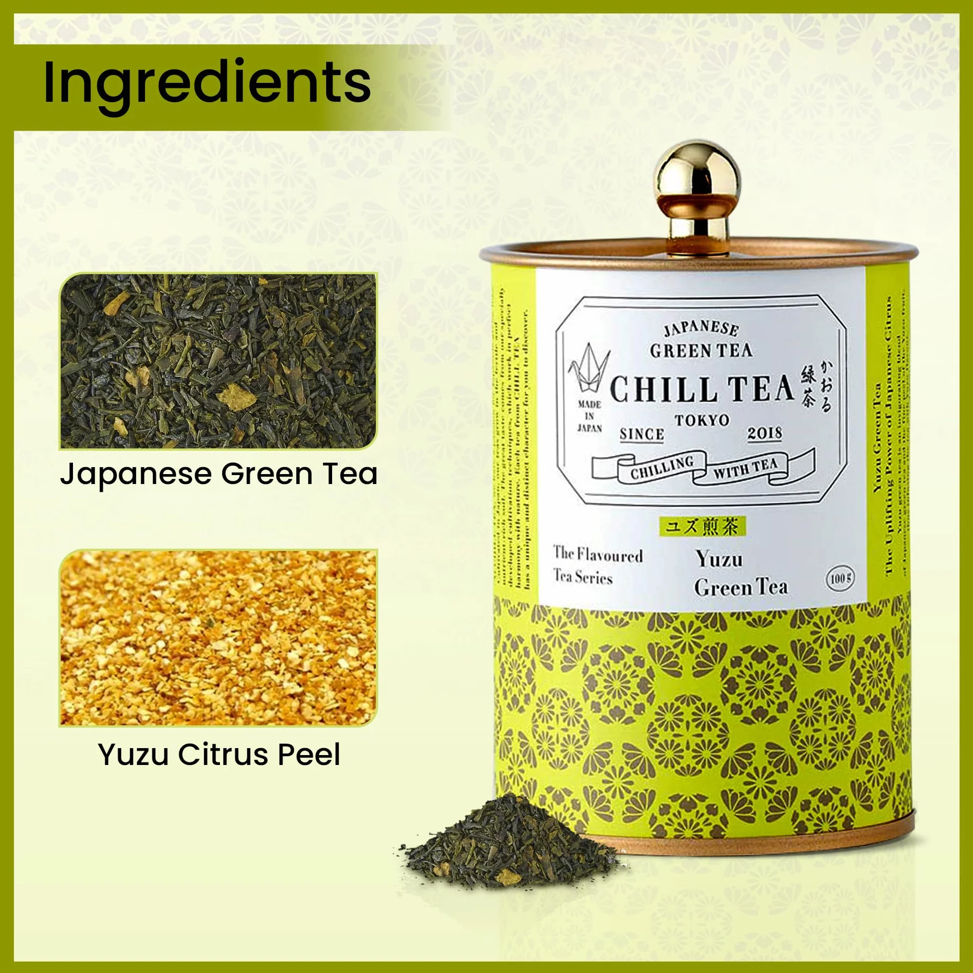 Tè verde agli agrumi Yuzu di CHILL TEA Tokyo - Tè verde 100% giapponese a foglie sfuse con agrumi giapponesi - Sapore fresco e fruttato (100g)