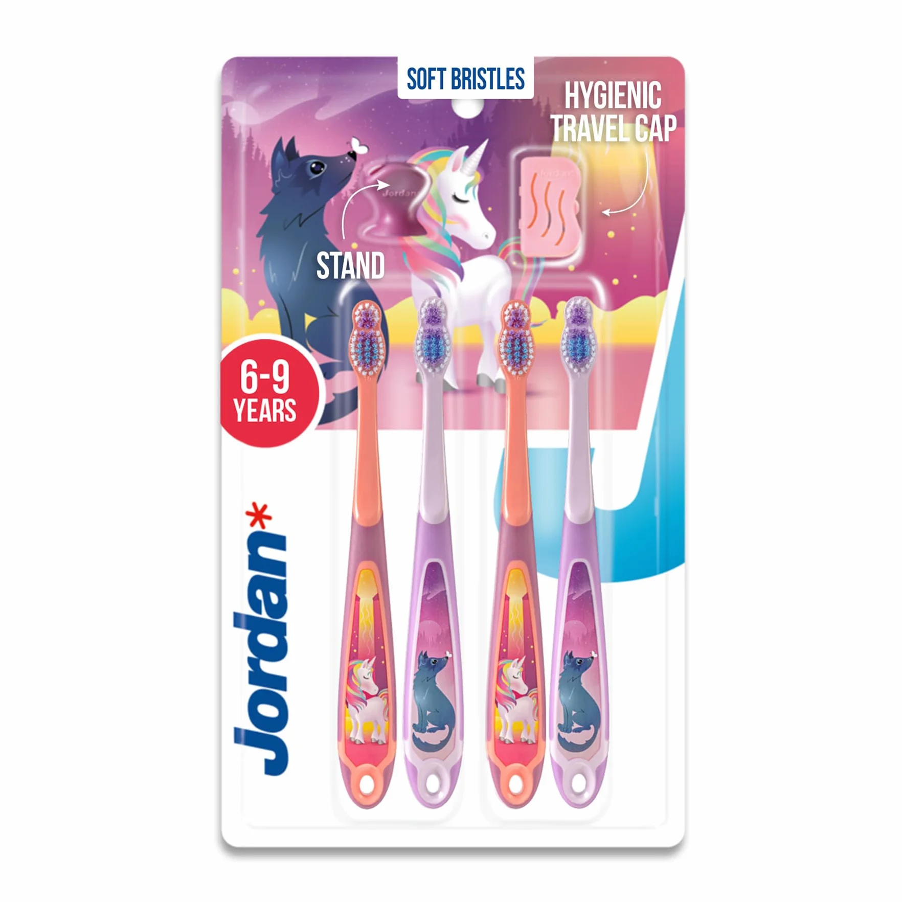 Jordan* ® | Step 3 Spazzolino da denti Bambini | Spazzolino per bambini di età 6-9 anni | Setole morbide, doppio manico ergonomico e senza BPA | Colore Rosa & Blu | Confezione 4 unità