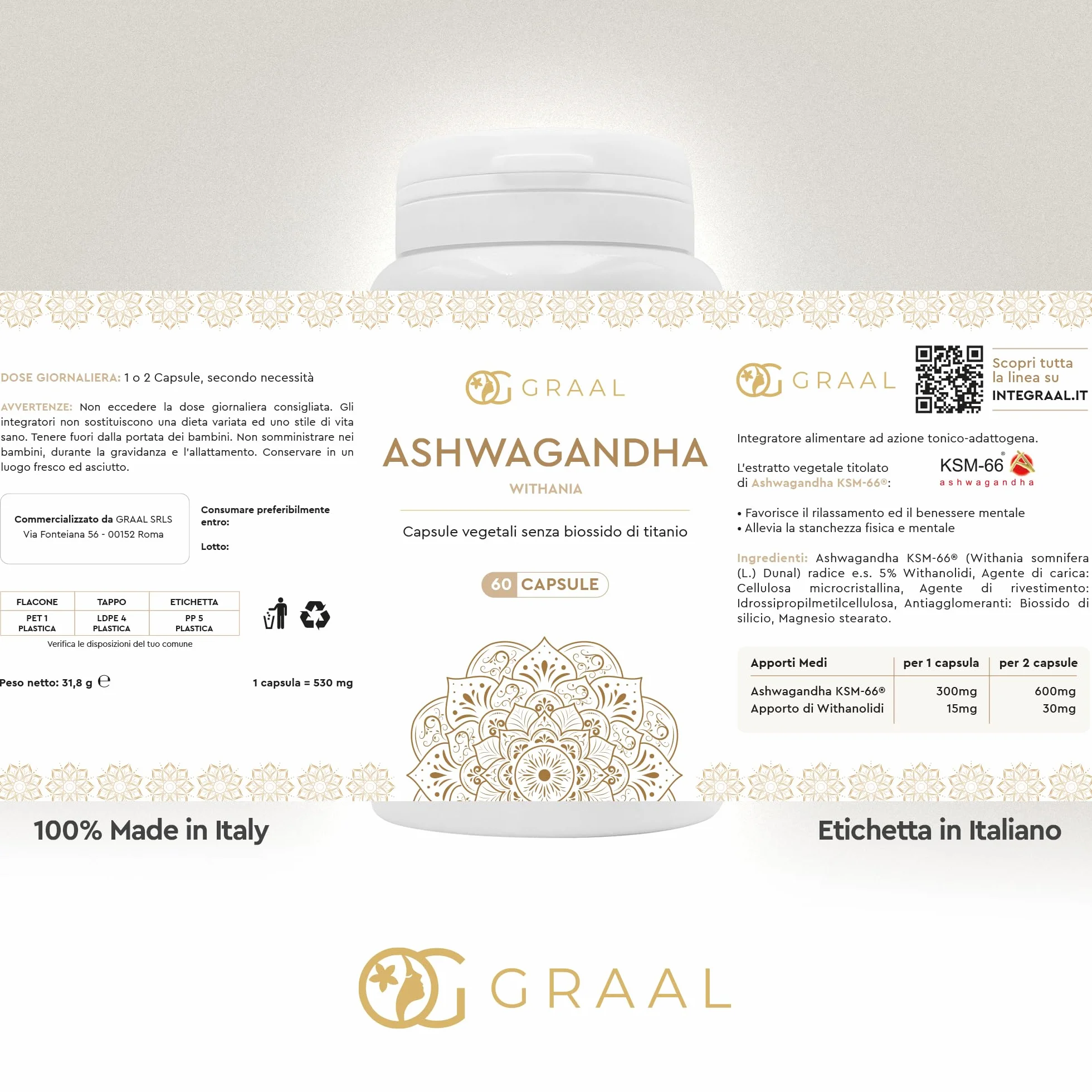 Graal Ashwagandha KSM-66 60 Capsule Tonico Adattogeno Antistress