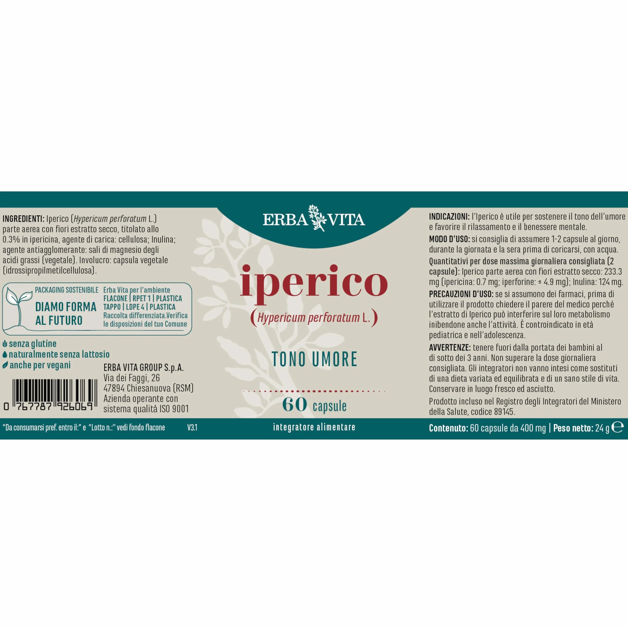 ERBA VITA Integratore Alimentare di Iperico - 60 Capsule, Utile al rilassamento