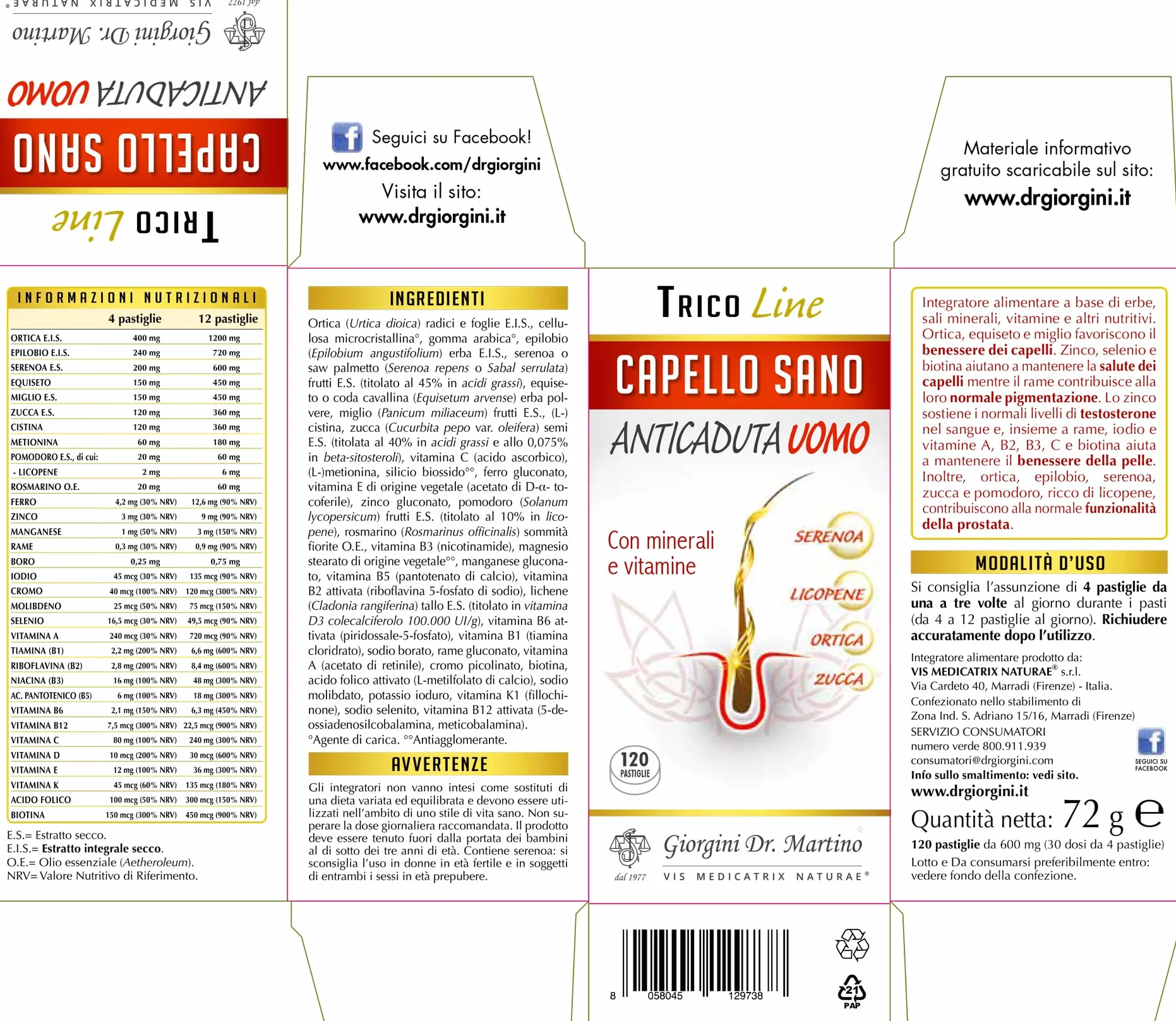 Dr Giorgini Capello Sano Anticaduta Uomo Pastiglie 72 g Integratore Ortica Equiseto Miglio