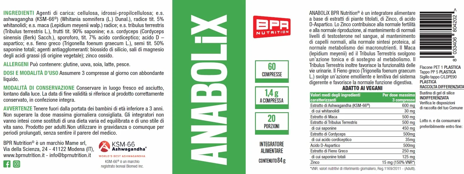 BPR Nutrition - Anabolix 60 compresse - Integratore ad azione tonico-stimolante, adattogena e rimodellante con aggiunta di zinco e acido D-aspartico