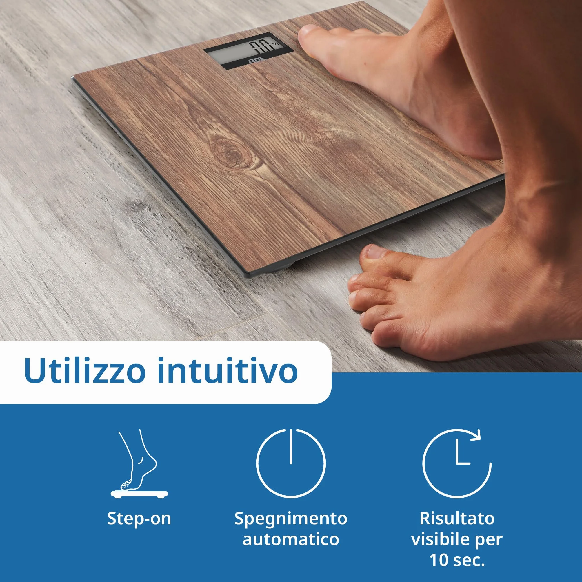 ADE Bilancia pesapersone digitale in accogliente look legno | ampio display | superficie di pesatura antiscivolo in vetro di sicurezza | risultati di pesatura accurati | fino a 180 kg
