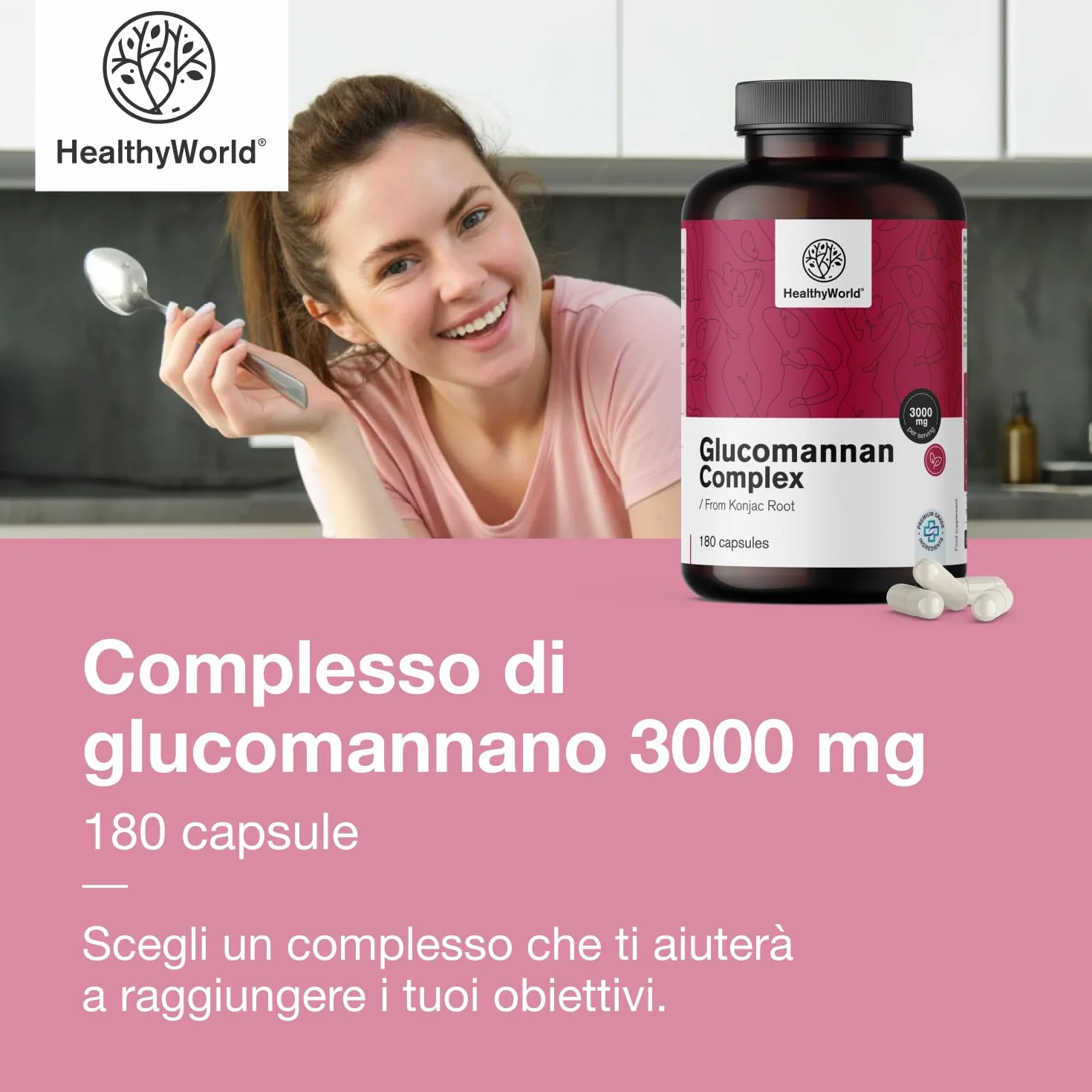 HealthyWorld Glucomannano 3000 mg 180 capsule Konjac Colina Cromo Vitamine D3 B3