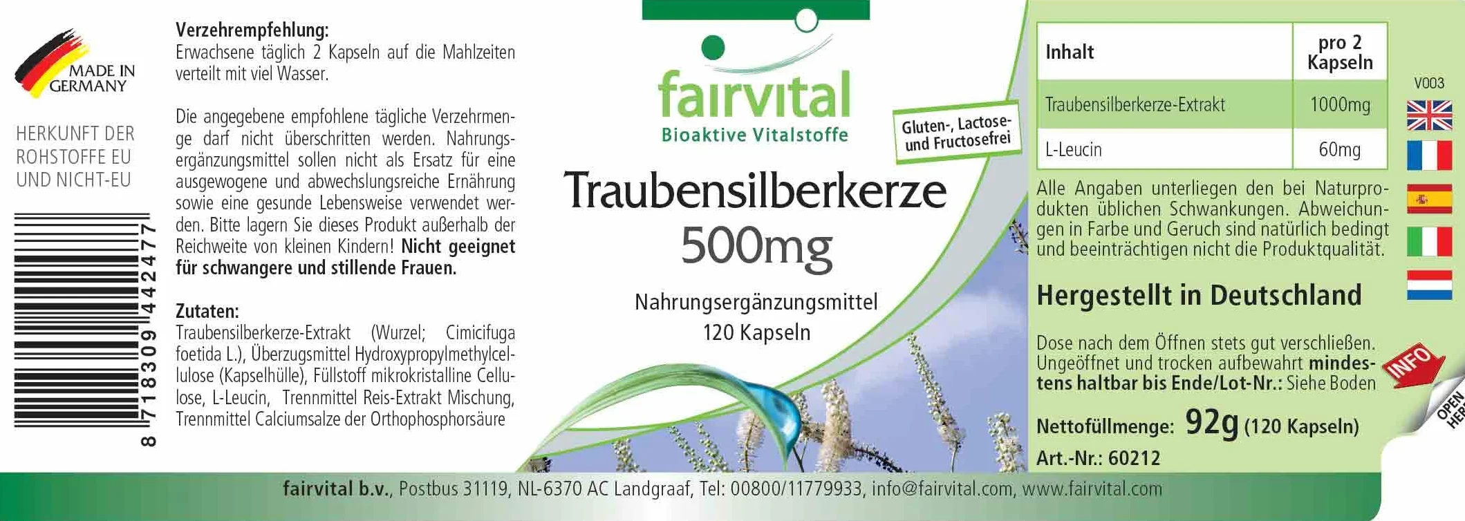 Fairvital Cimicifuga 500mg 120 capsule 1000mg per dose vegano Prodotto in Germania