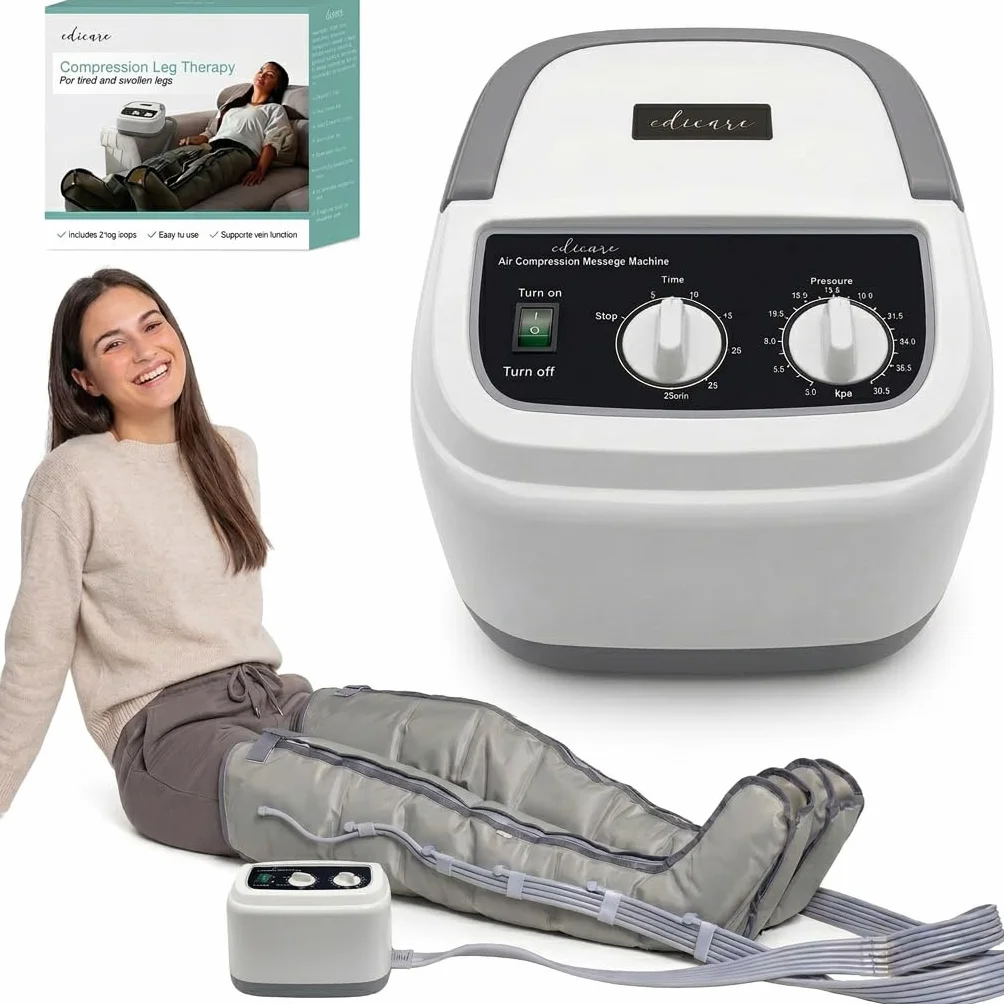 Edicare, Pressoterapia per Casa, Linfodrenaggio, Professionale, Apparecchio Massaggiatore, Gambe e Piedi, Anticellulite, 6 Camere d’aria (Dispositivo e gambali)