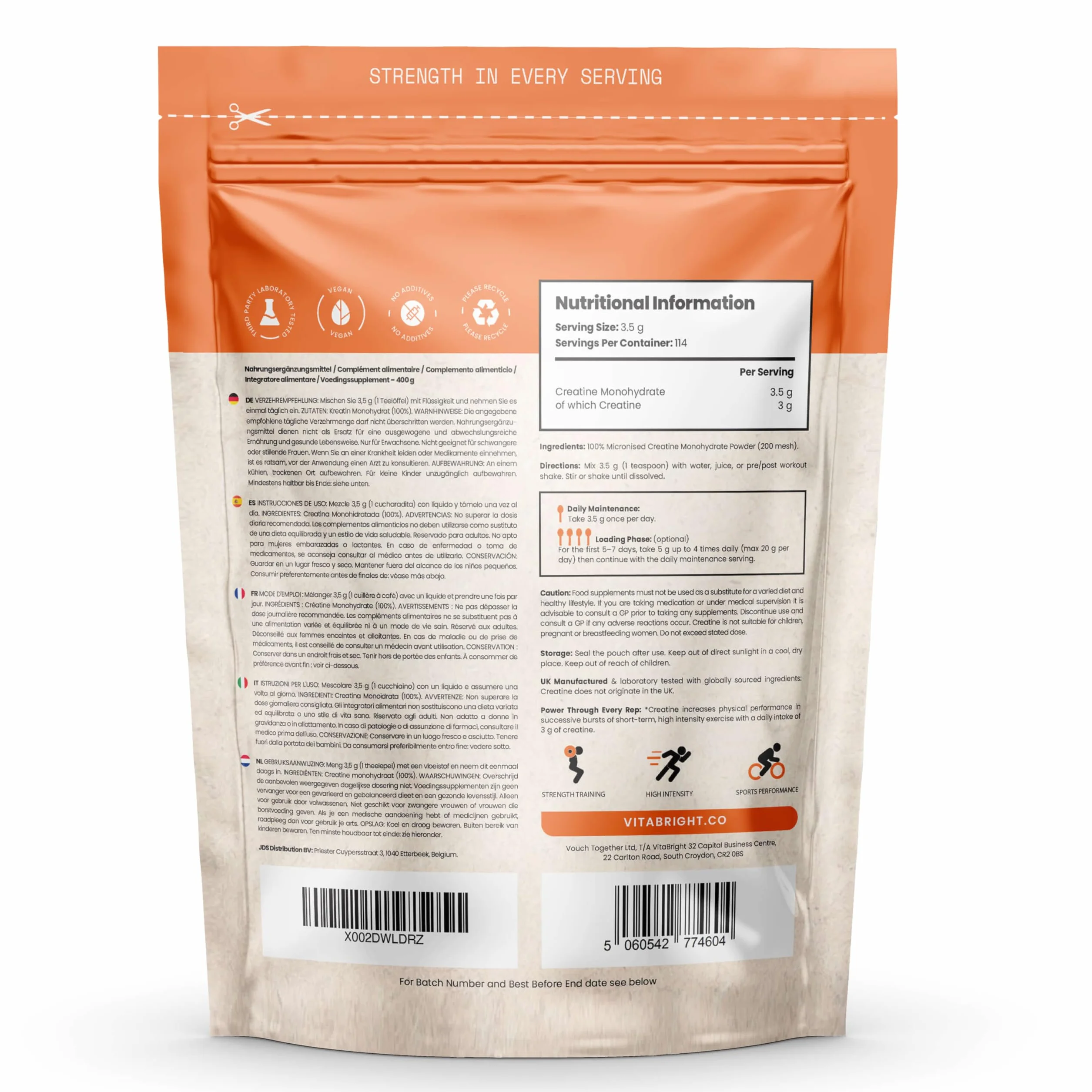 Vitabright Creatina Monoidrata in Polvere Micronizzata 400g 114 Porzioni 200 Mesh Rapido Scioglimento