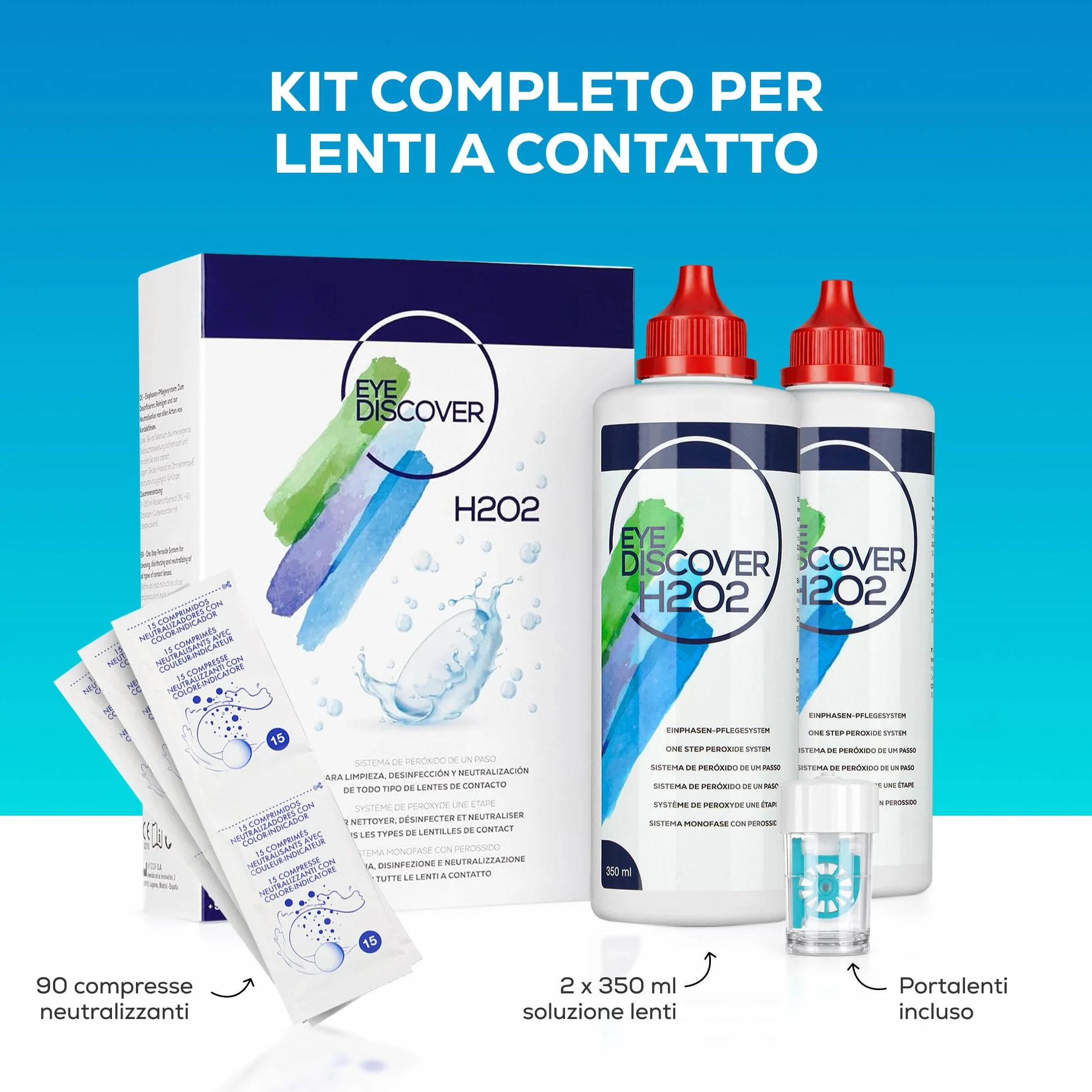 Soluzione al Perossido per Lenti a Contatto con Compresse Neutralizzanti e Portalenti Specializzato per Pulizia Profonda e Disinfezione, 2 x 350 ml