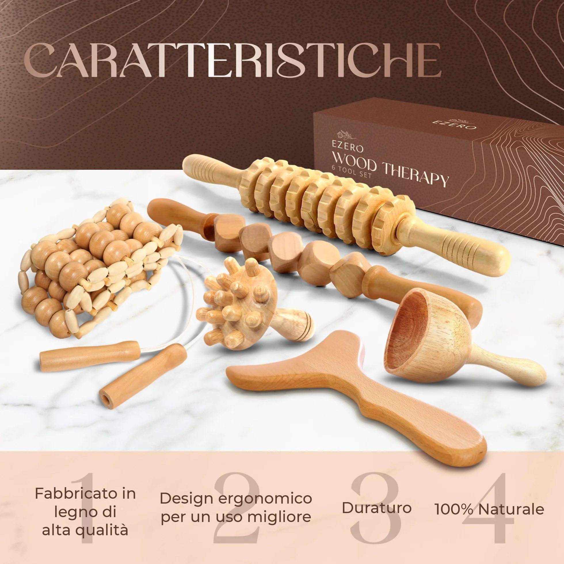 Ezero Maderoterapia Kit Legno 6 pezzi con Borsa e Manuale - Maderoterapia Rullo con Guasha Massaggio Corpo e Rullo Massaggio Cellulite con Accessori - Massaggiatore Anticellulite
