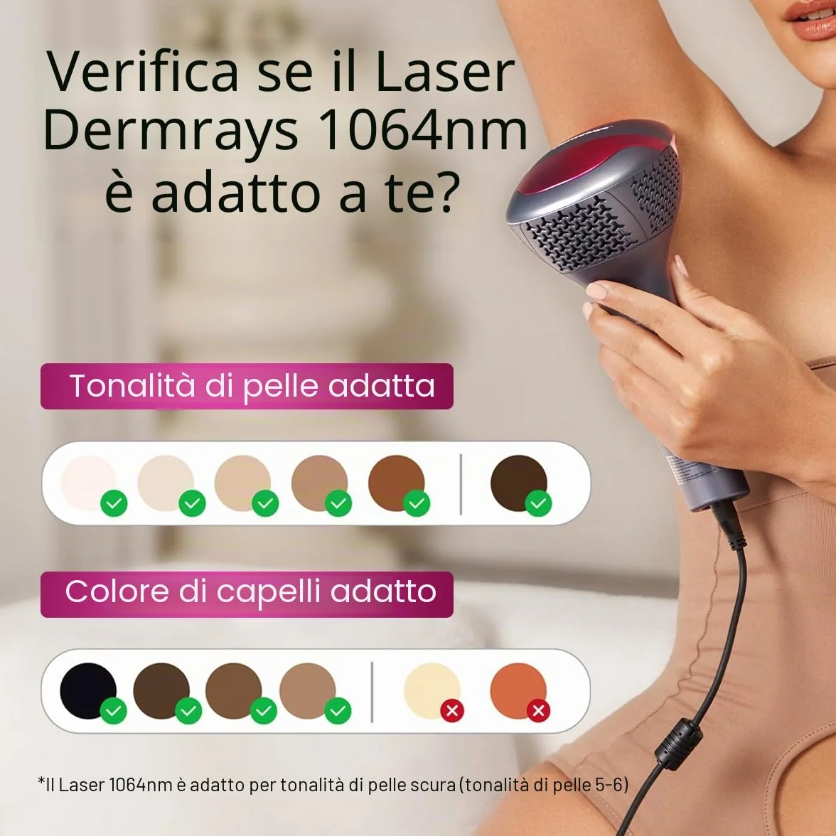 DermRays Depilazione laser a diodi 1064 nm per donne e uomini per toni della pelle 1-6, raffreddamento a ghiaccio, depilazione grandangolare per viso, corpo per pelli profonde