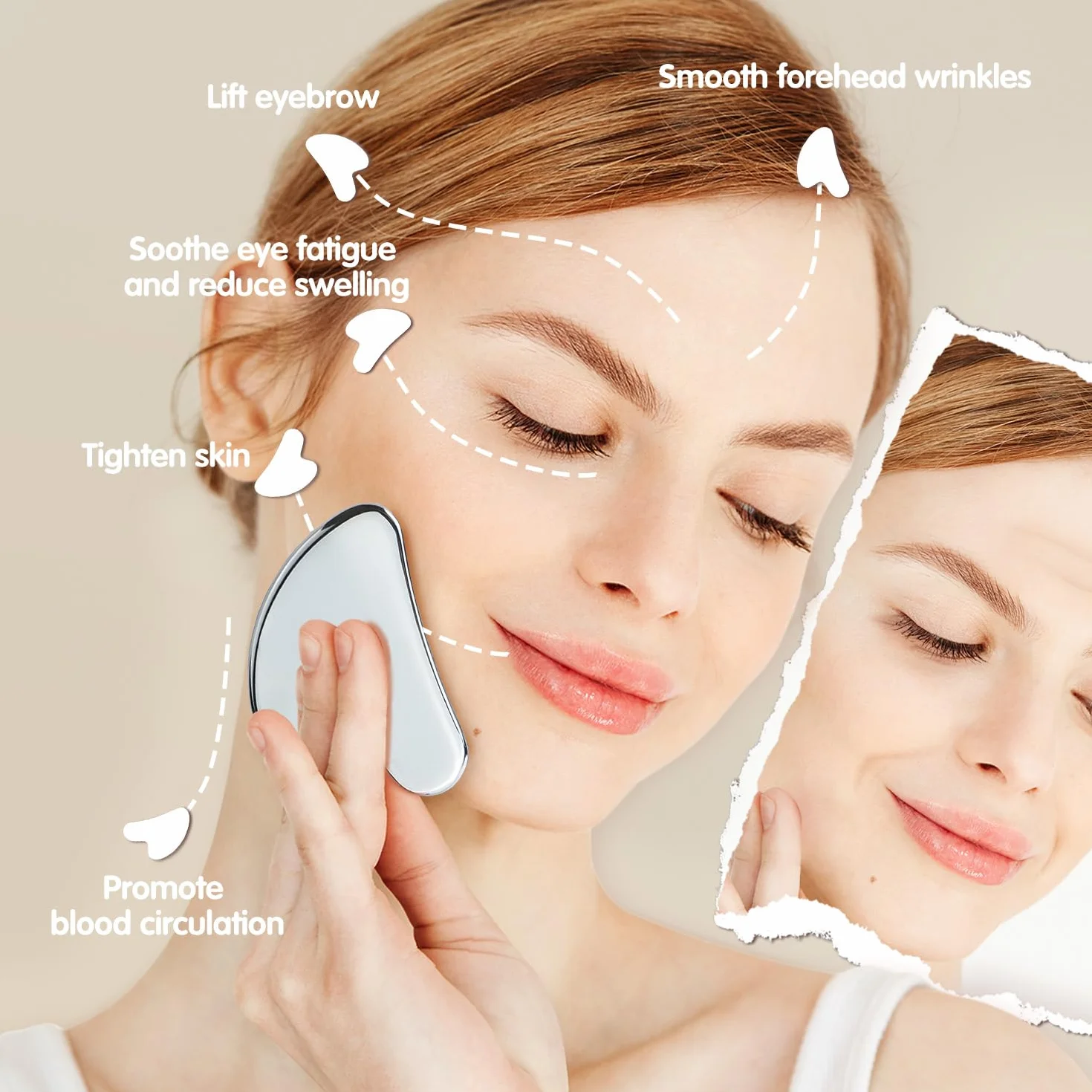 Flagest Gua Sha in Acciaio Inossidabile - Strumento per Massaggio Viso e Corpo, Antirughe e Riduce il Gonfiore (Argento)