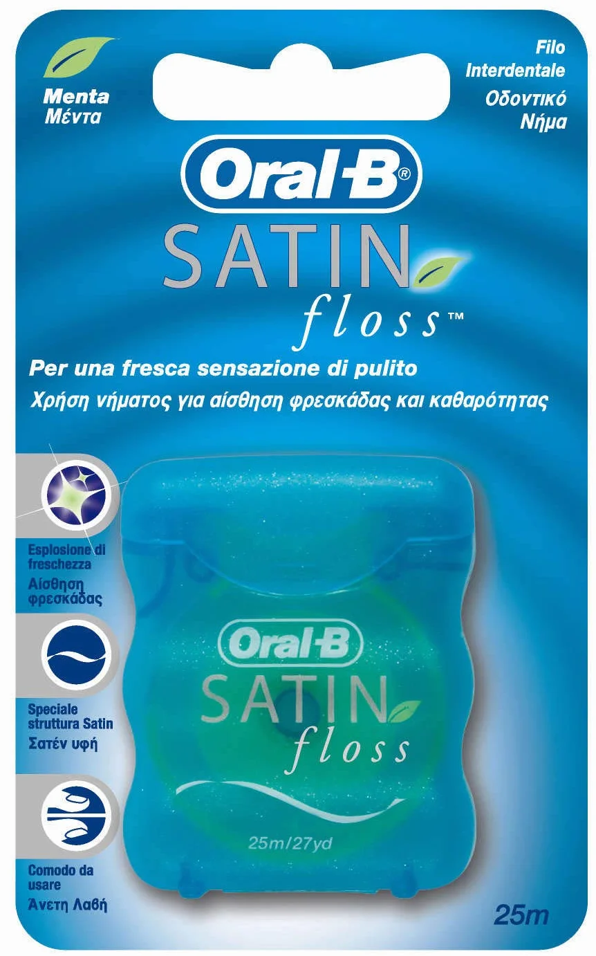 Oral-B Satin Floss, Filo Interdentale, Sensazione di PUlito e Frescheza, Delicato sulle Gengive grazie ala Texture Effetto Satin, Menta, 1 Confezione da 25 metri