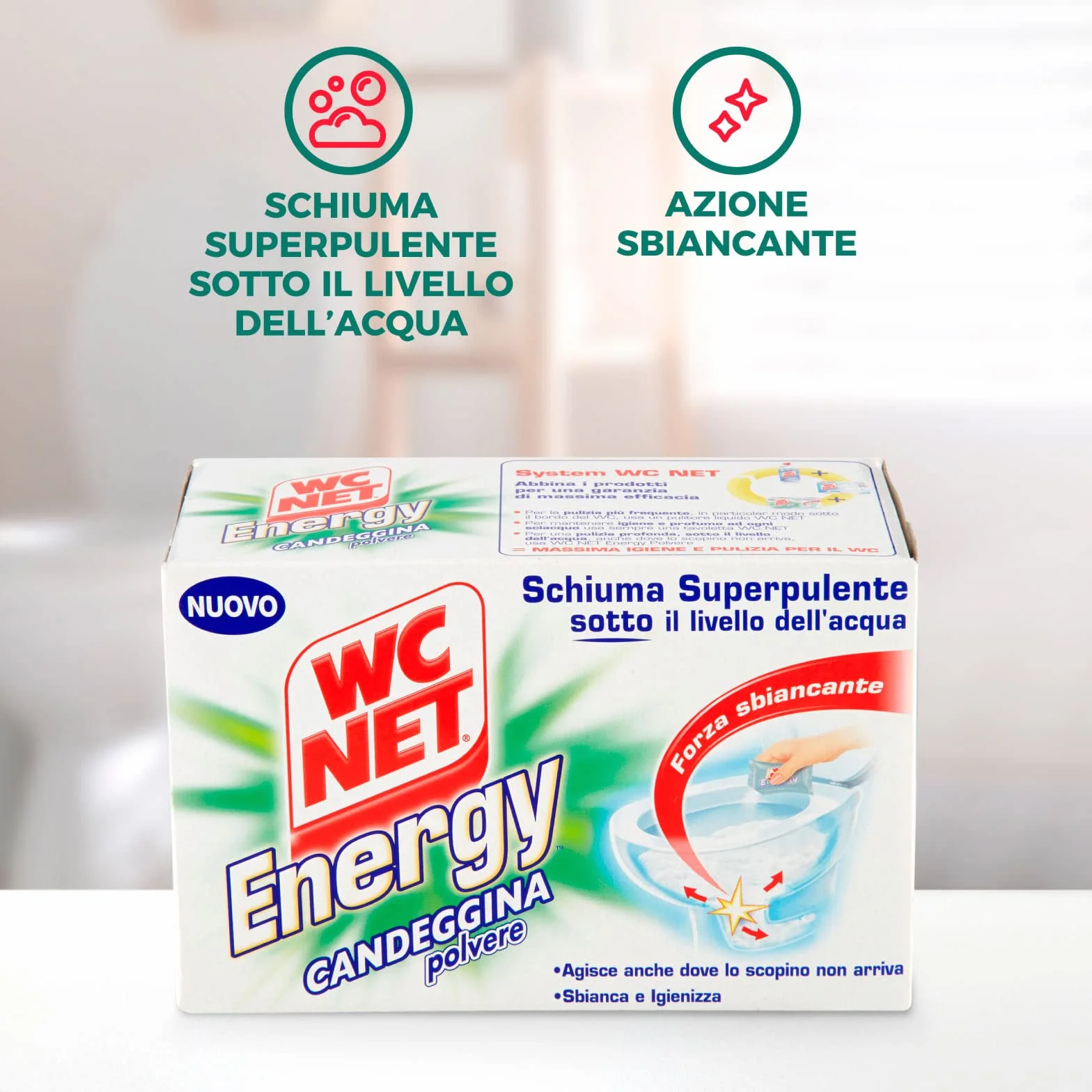 Wc Net - Energy con Candeggina, Detergente Igienizzante in Polvere per WC, Schiuma Autopulente con Azione Sbiancante, 4 Buste x 3 Confezioni