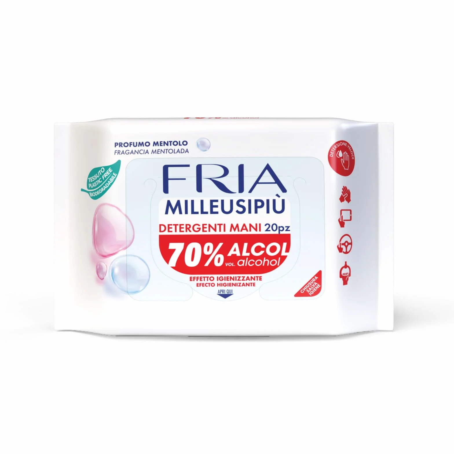 Fria MilleusiPiù Igienizzanti Salviette Detergenti 70% Alcol Tessuto Fibrasoft 3 Strati Biodegradabile 20 sztuk