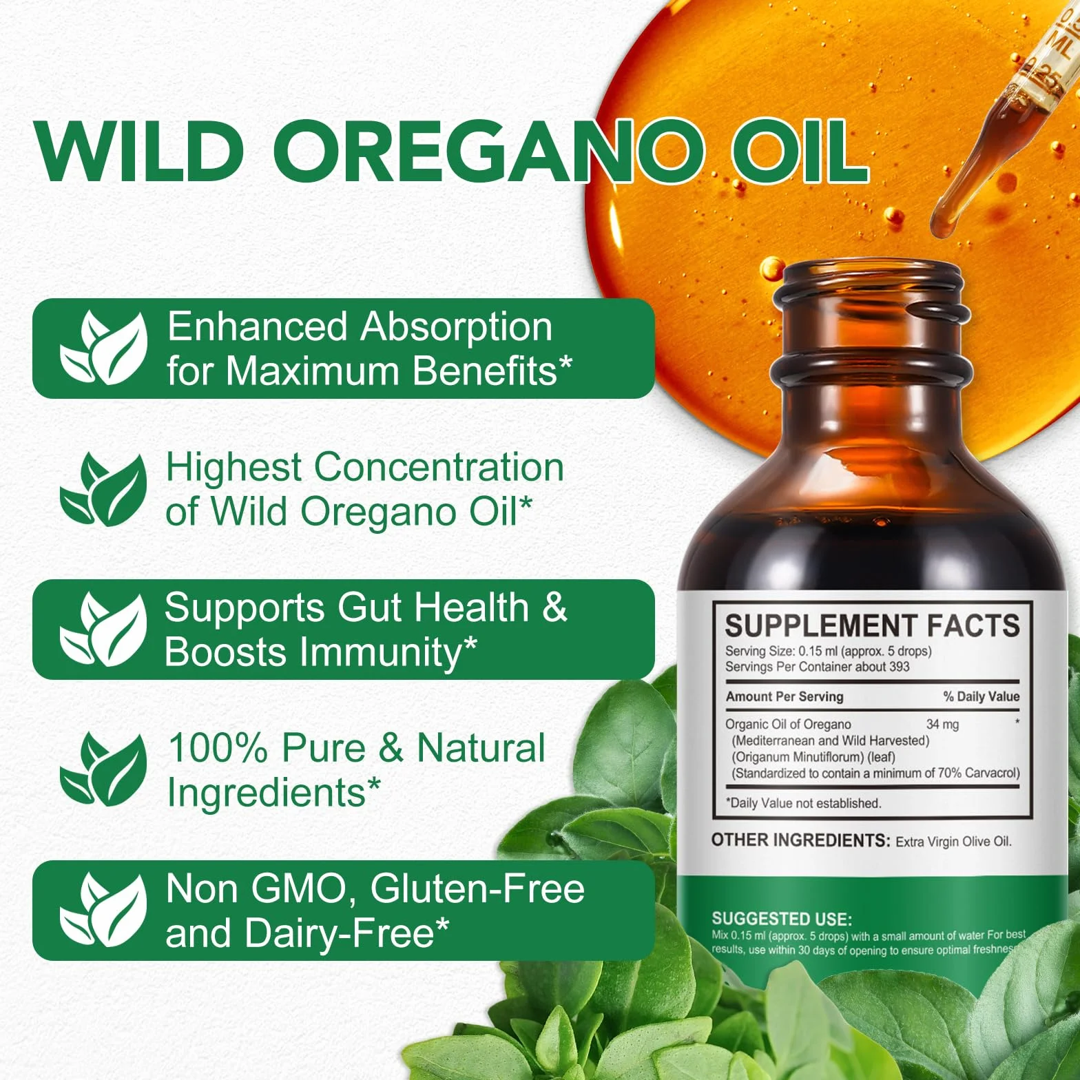 Olio di Origano 60ml Bio Olio Essenziale con Olio d'Oliva per Supporto Immunitario