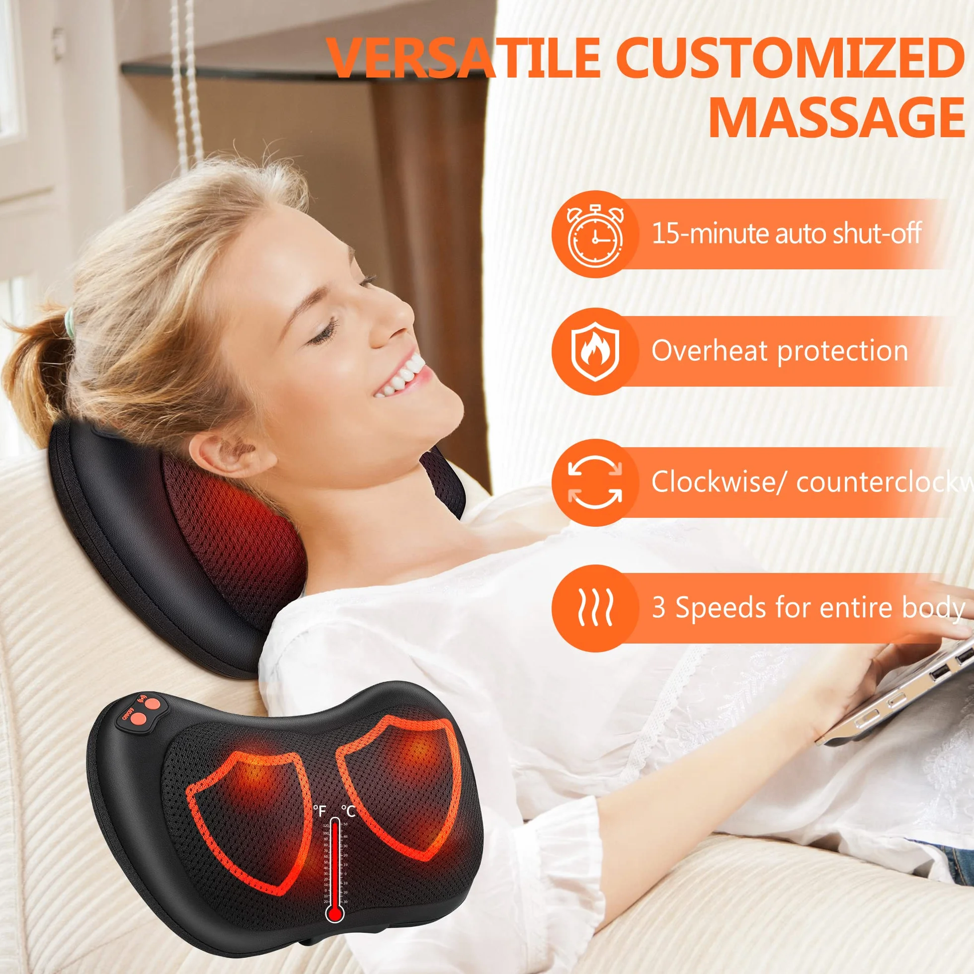 Cuscini per Massaggi Elettrici Cuscino Massaggiante Shiatsu per 3 Velocita con Cambio di Direzione e 4 Nodi di Massaggio per Collo dei Rilassarsi Muscolare Adatto a Casa Ufficio Come Regalo
