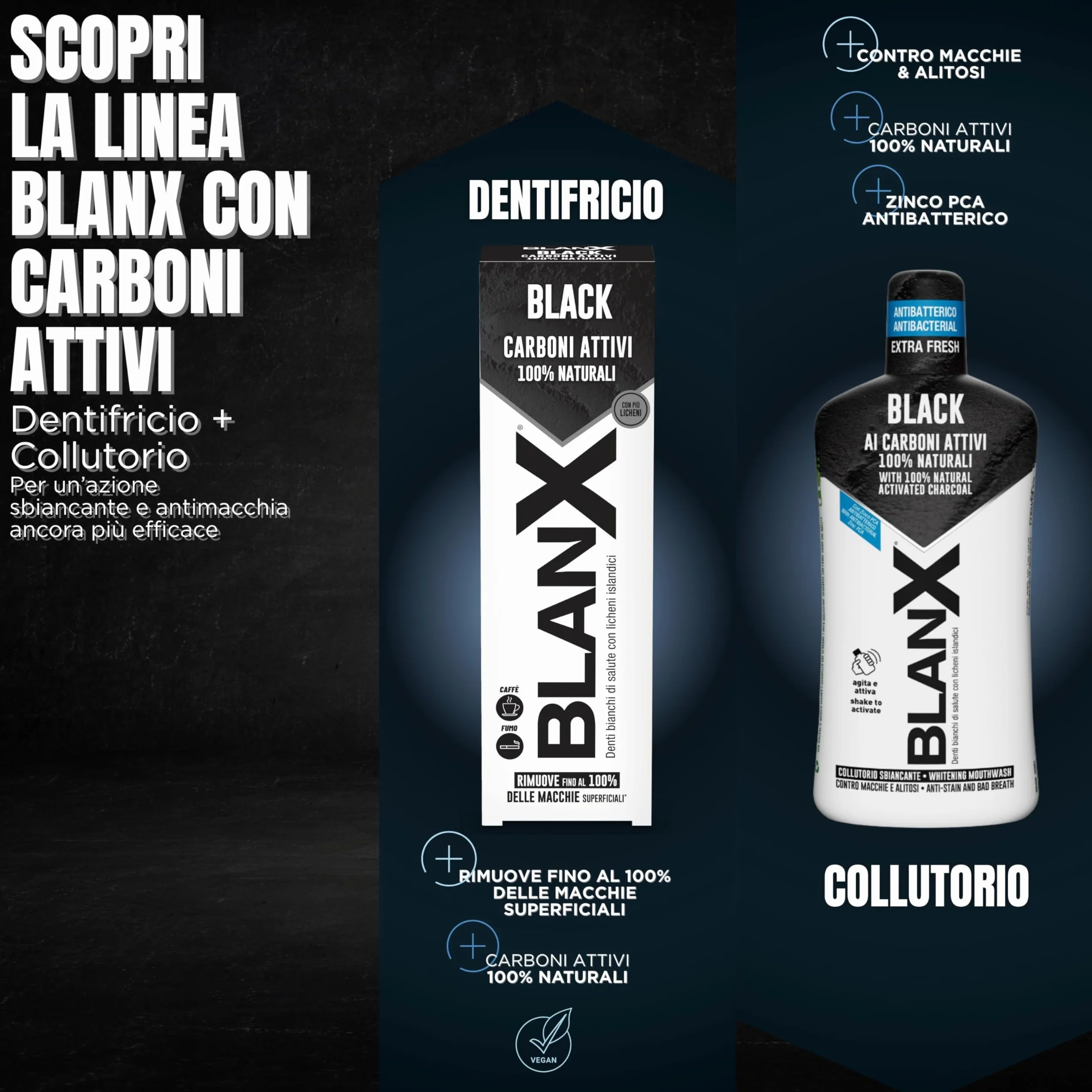 Blanx Collutorio Sbiancante Black 500 ml con Licheni Artici, Zinco PCA e Carboni Attivi
