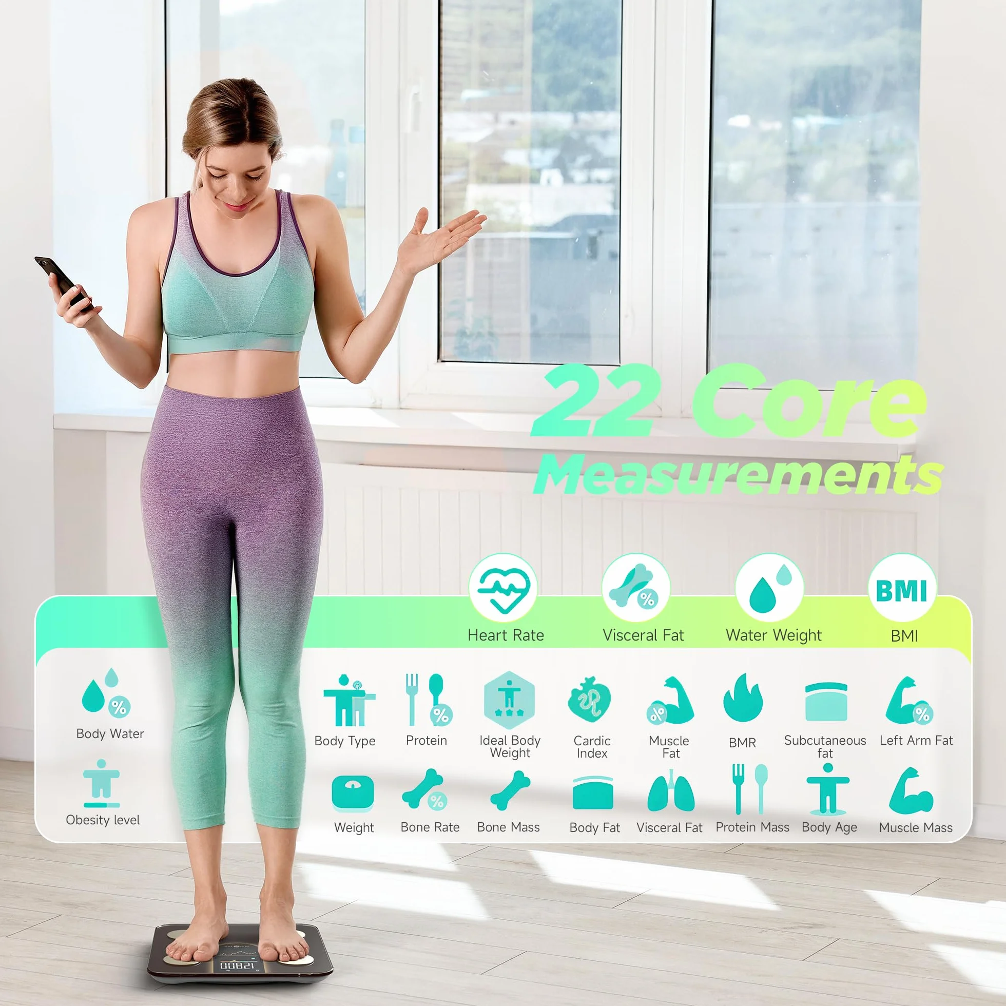 RunStar Bilancia Pesapesone Smart 8in1 Display VA, Alta Precisione Peso Corporeo BMI Grasso Corporeo 22 Dati Composizione Corporea Sync App