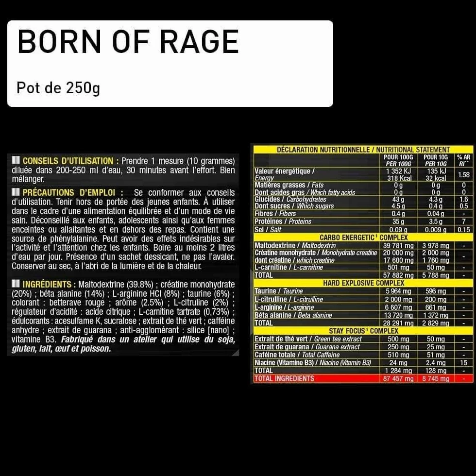 PRE- WORKOUT Born Of Rage - Polvere esplosiva vegana - Miglioramento muscolatura - Energia e resistenza - Anti fatica per allenamenti intensivi - Lotto di 2 x250 g - Laboratorio francese Eric Favre