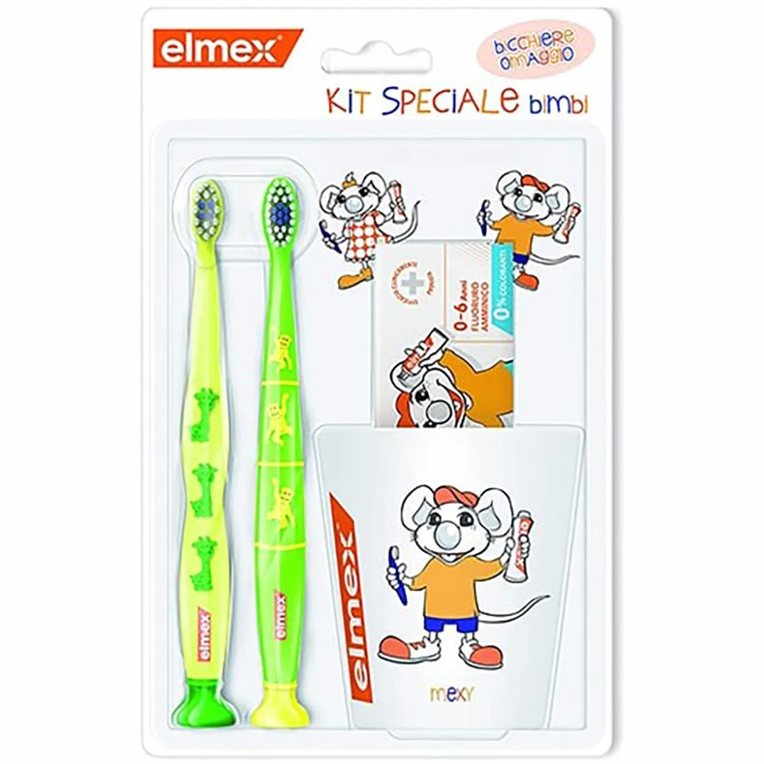 ELMEX Bimbi Kit Denti Sani Protezione Carie - Dentifricio Bambini 0-6 anni 50ml + 2 Spazzolino Bimbi 3-6 anni + Bicchiere Omaggio, Spazzolini di colori assortiti