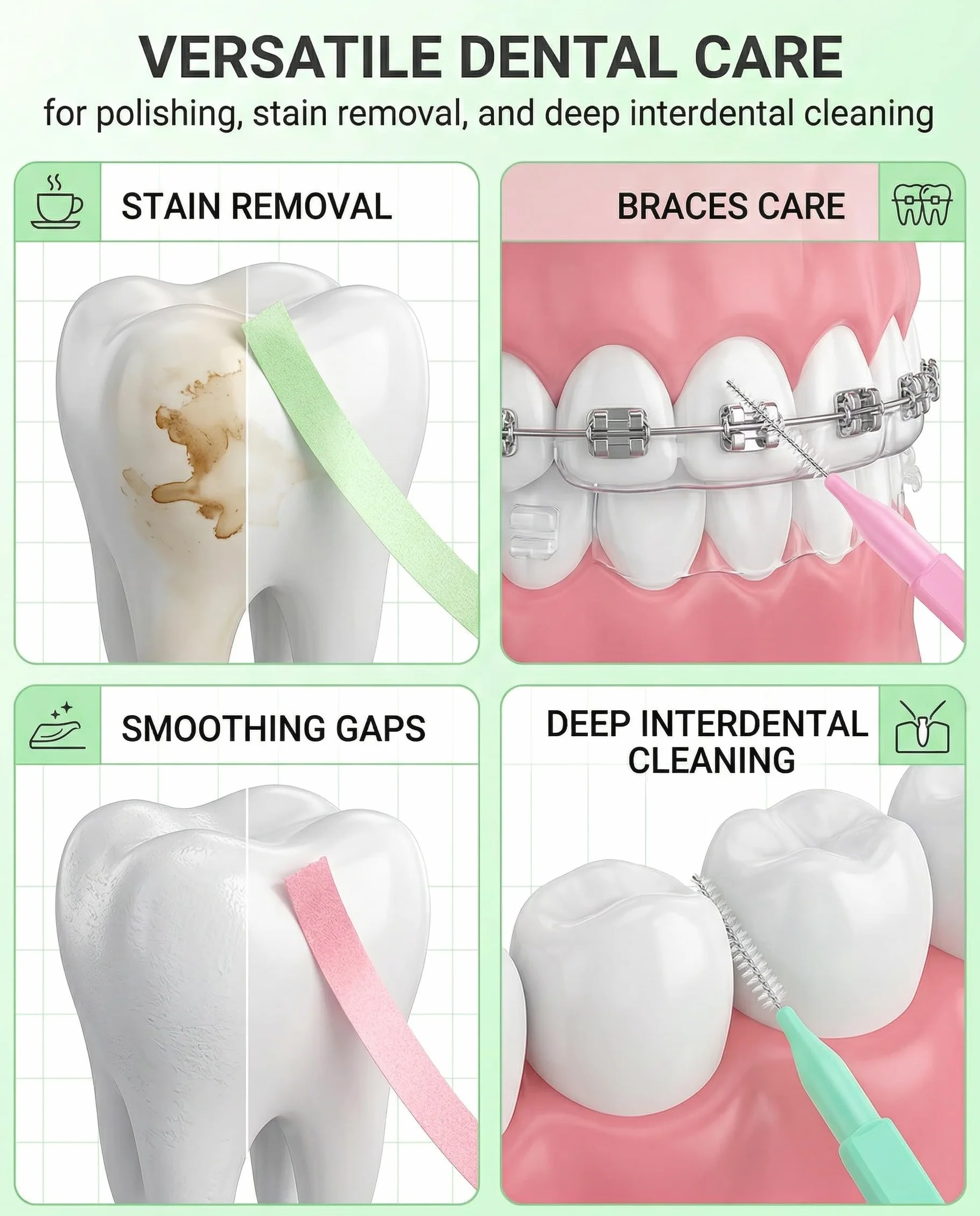 2 Rotoli di Carta Abrasiva Dentale (30μm / 50μm) e 10 Spazzolini Interdentali, Strisce Lucidanti per Denti, per Spazi Interdentali, Pulizia Profonda dell'Igiene Orale, Grossolana-Fine/Resina