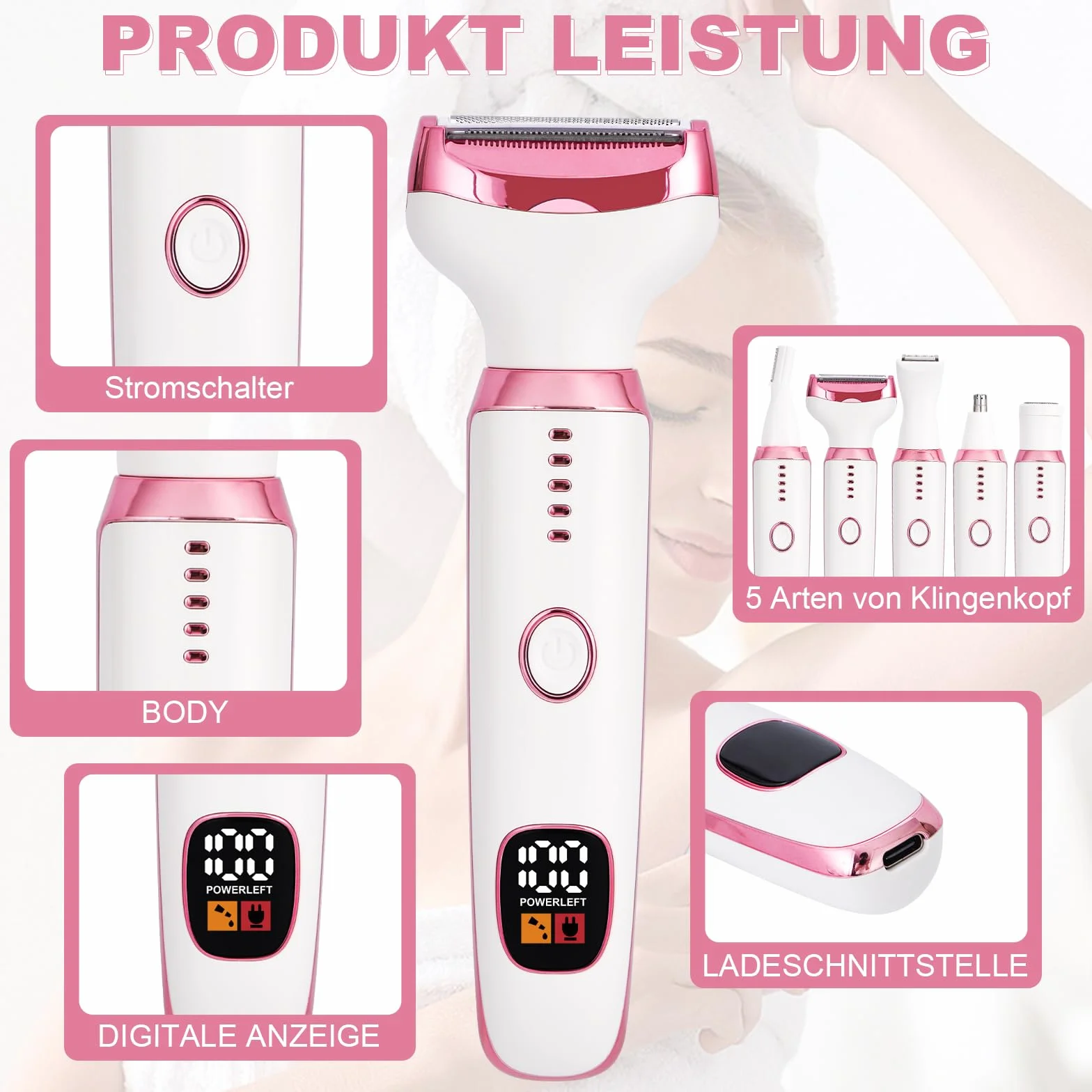 Rasoio Elettrico per le Donne, Rasoio Elettrico 5-in-1 per il Corpo, Rasoio Secco Bagnato Indolore per Bikini, Ascelle, Gambe, Sopracciglia e naso, Ricarica USB