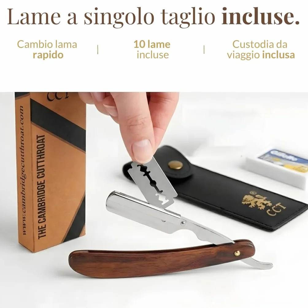 Rasoio a Mano Libera Monolama Professionale con 10 Lame da Barba Derby e Custodia Protettiva da Viaggio in Ecopelle - Missanda in Legno Duro & Acciaio Inossidabile