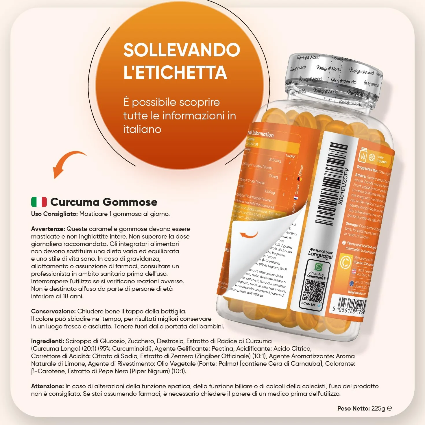 Curcuma Longa con Zenzero e Pepe Nero, 90 Gommose Vegane, 2100mg, 95% Curcuminoidi, Senza Glutine