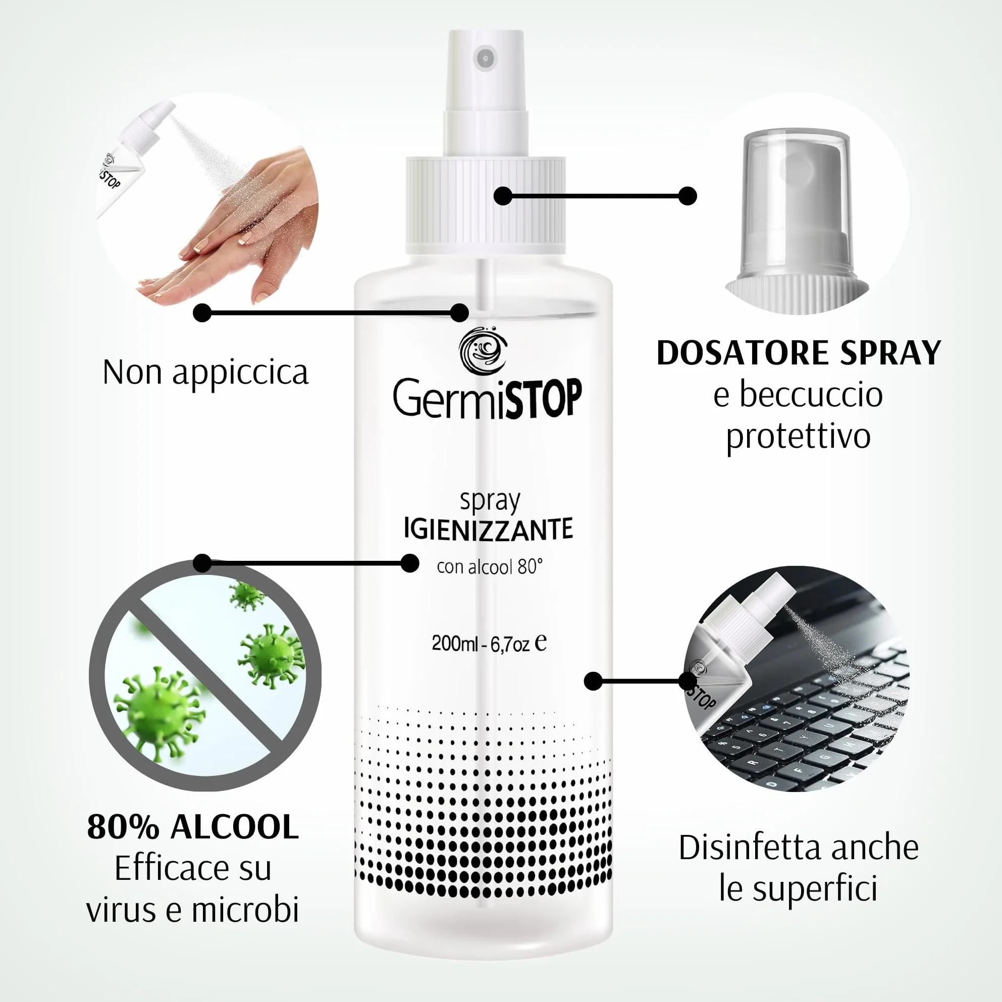 GERMISTOP Igienizzante Mani 3x200ml Alcool 80% Glicerina Spray Igienizzante Superfici