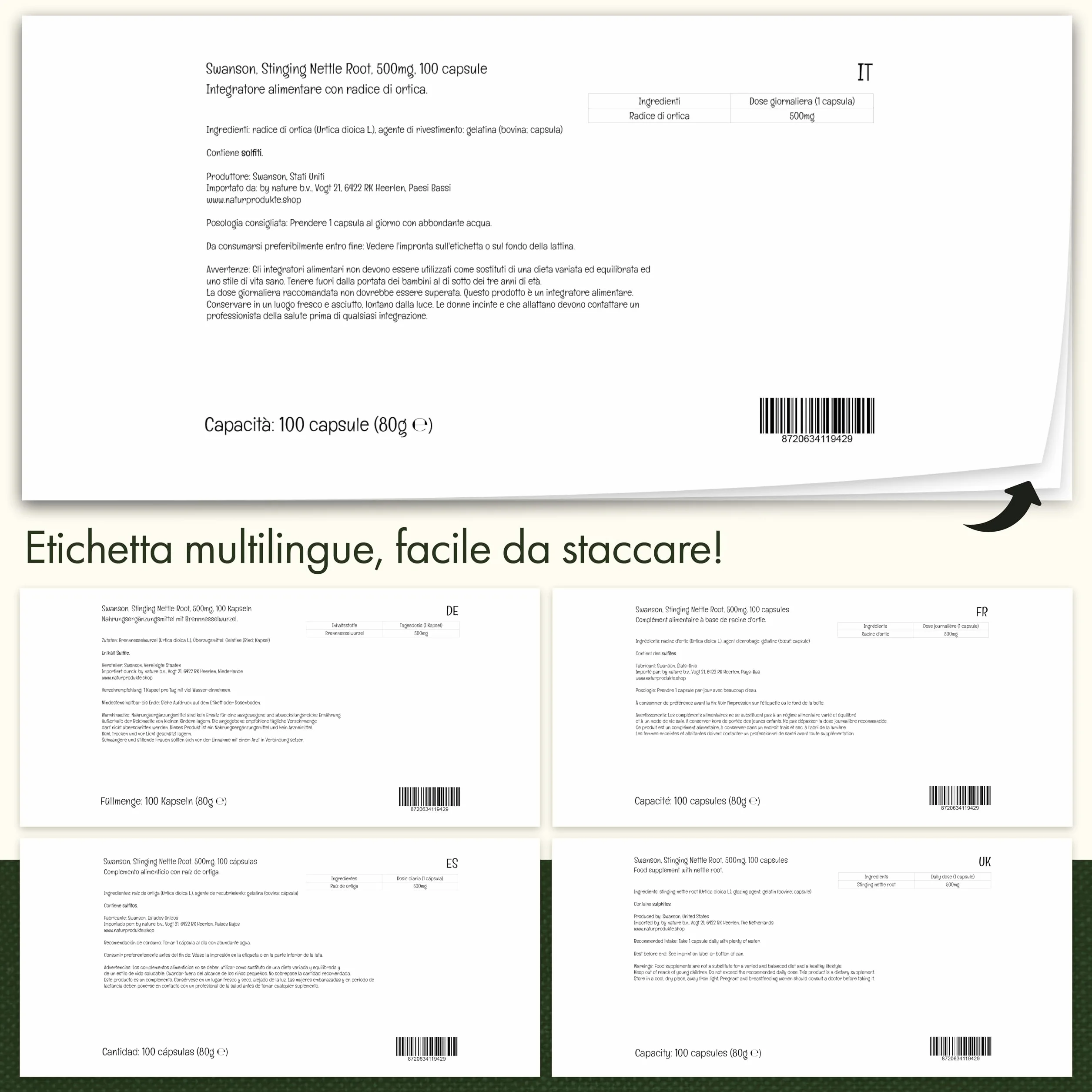 Swanson Stinging Nettle Root 500mg 100 Capsule Testato in Laboratorio Senza Glutine Non OGM