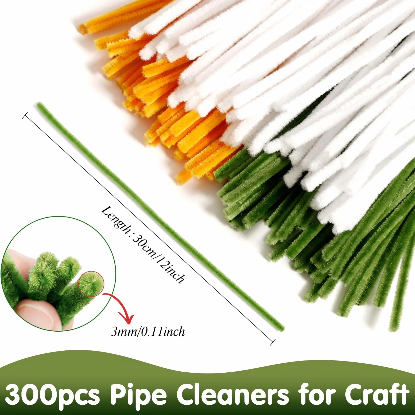 Daisy - Detergente per pipa per bouquet, 300 pezzi, per fai da te, filo di ciniglia, pulitore per pipe, con nastro e bastoncini per fiori, per progetti artigianali (verde, oro, bianco