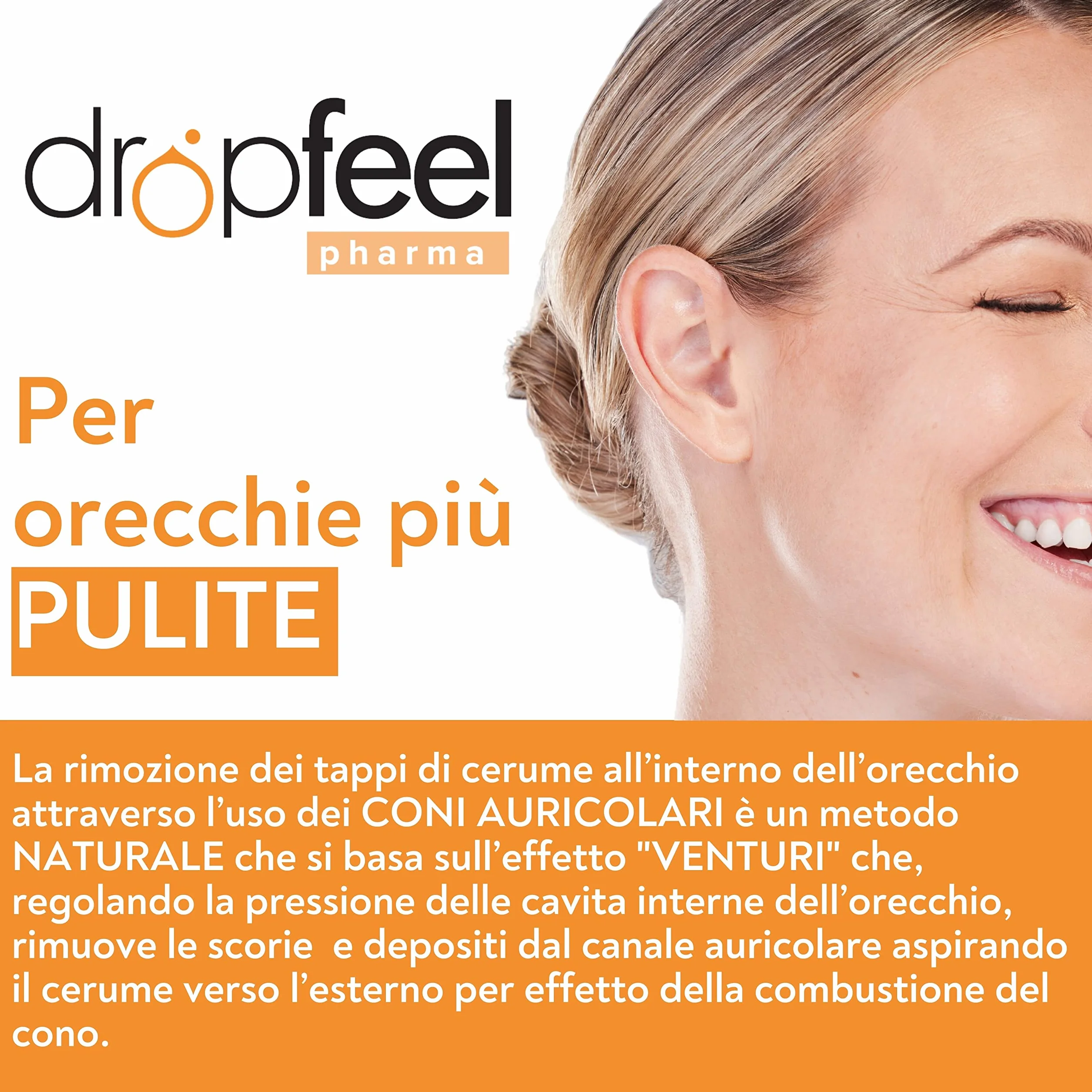 DROPFEEL - Coni Auricolari per Rimozione Cerume con Cera d'Api, Rimozione Tappi con Metodo Venturi, Pulizia Auricolare Naturale con Sistema Frangifiamma, Monouso e Made in Italy, Confezione da 2 Pezzi